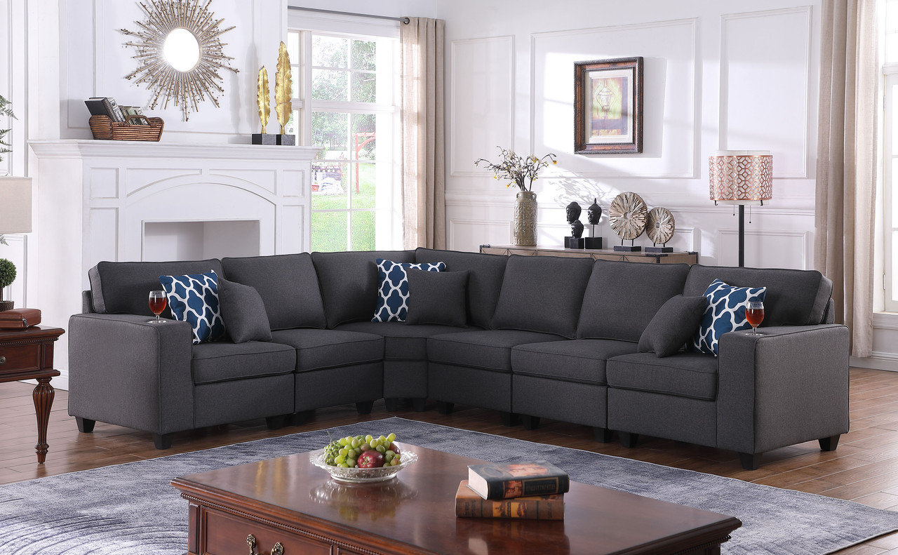 Cooper 125" Dark Gray Linen 6Pc Reversible L-Shape Sectional Sofa with Cupholder