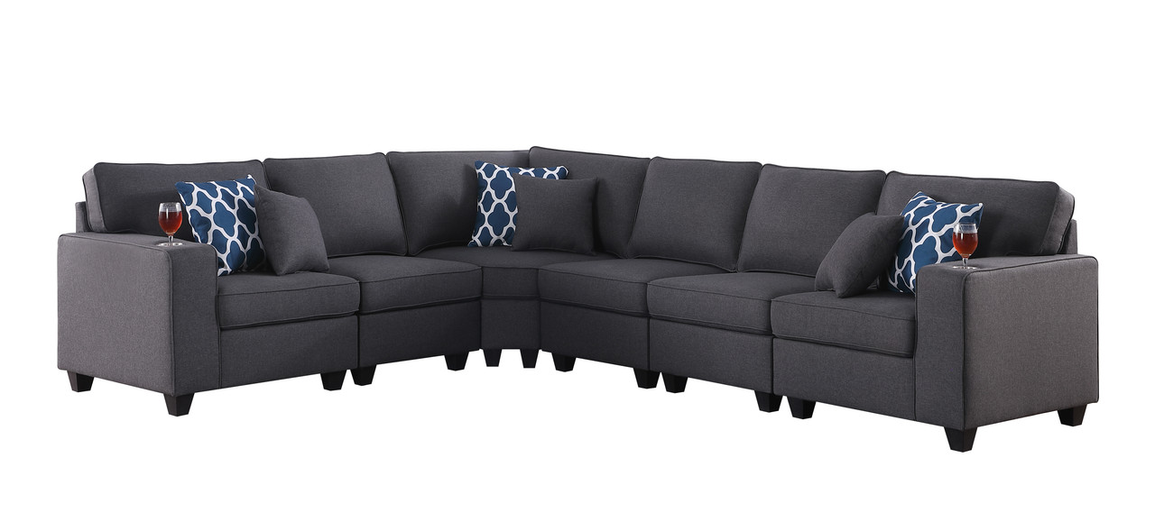 Cooper 125" Dark Gray Linen 6Pc Reversible L-Shape Sectional Sofa with Cupholder