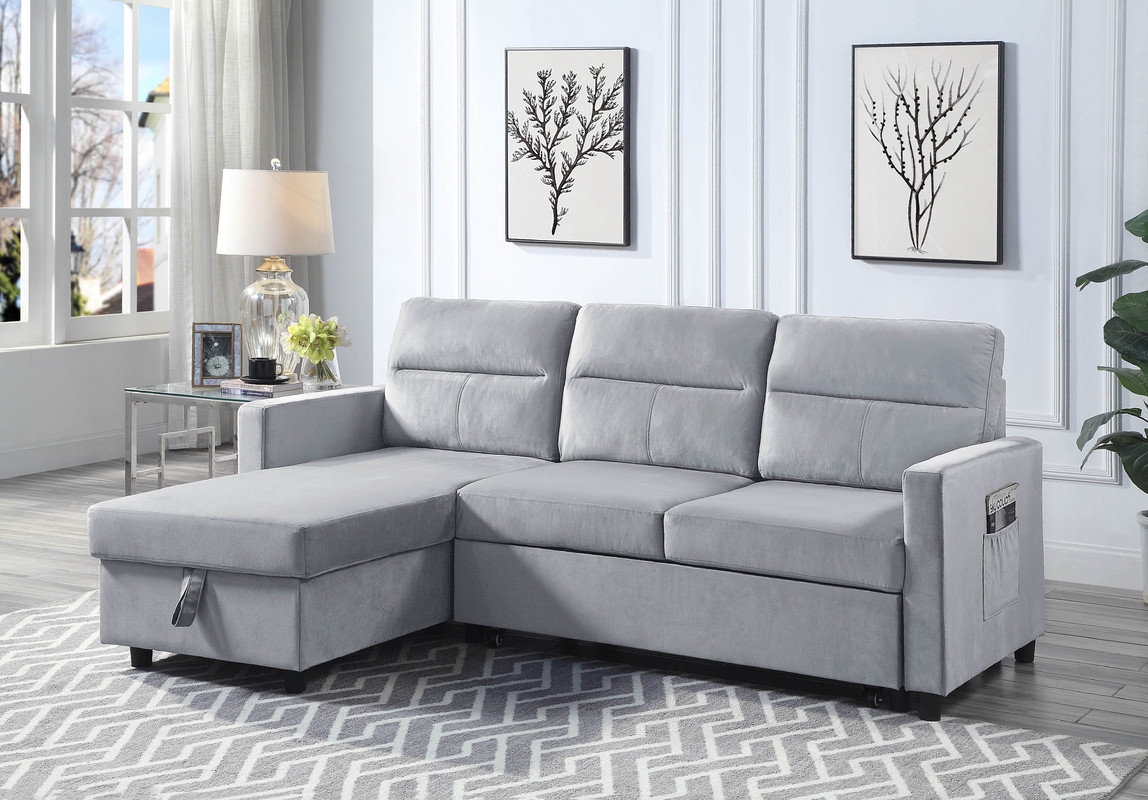 Ruby 81.5" Light Gray Velvet Reversible Sleeper Sectional Sofa with Storage Chaise and Side Pocket