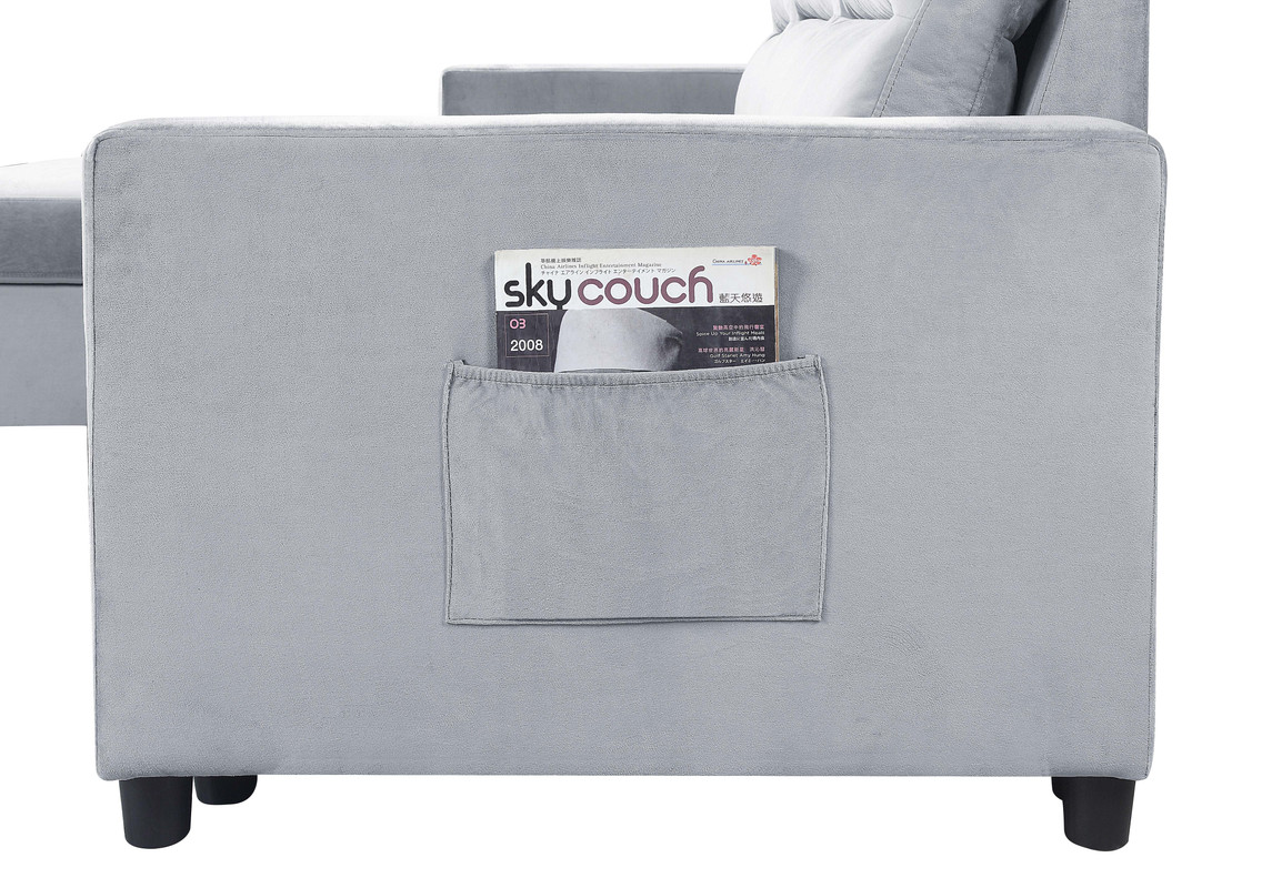 Ruby 81.5" Light Gray Velvet Reversible Sleeper Sectional Sofa with Storage Chaise and Side Pocket