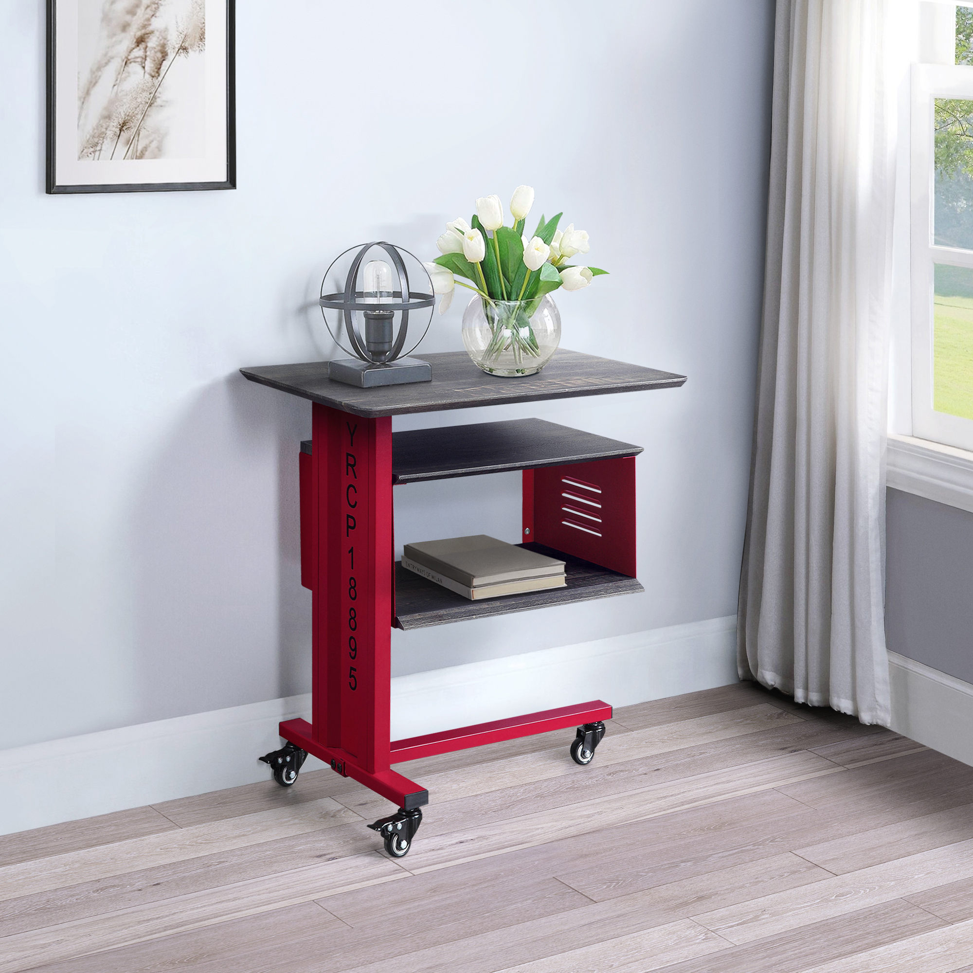 Red Accent Table and Wall Shelf Set