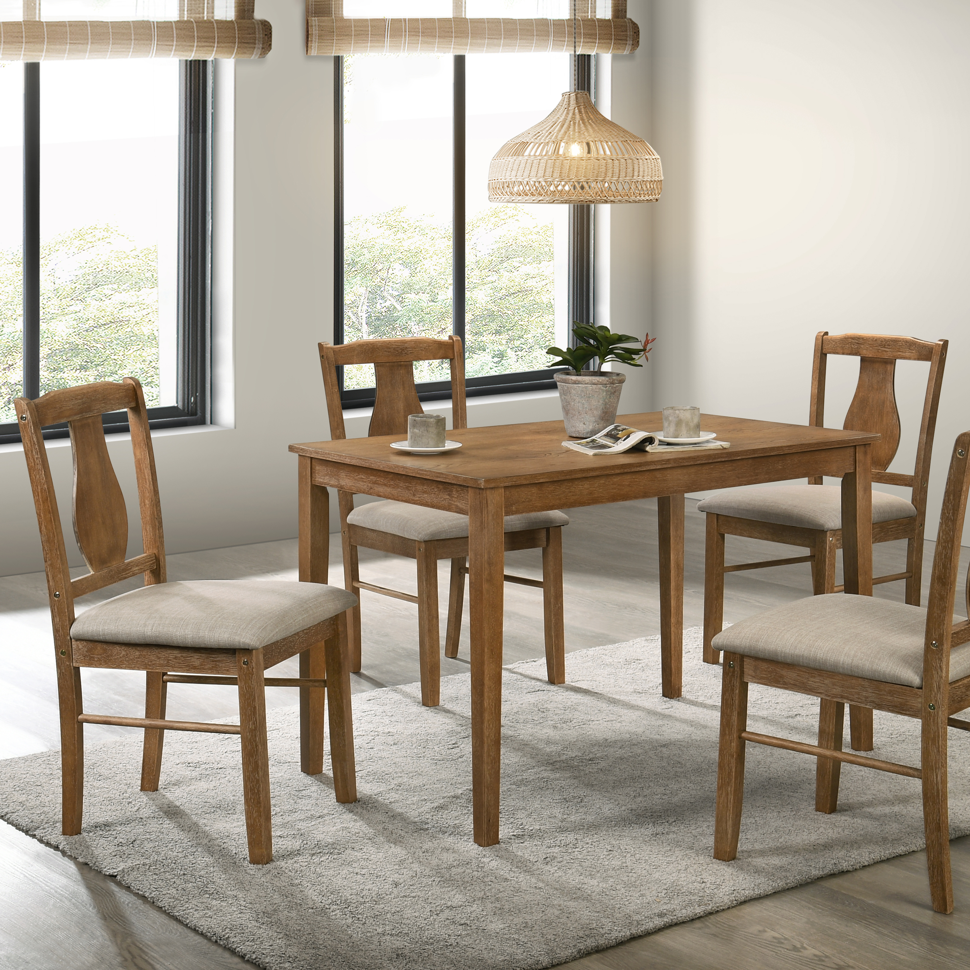 Weathered Oak 5-Piece Dining Set with Upholstered Seat