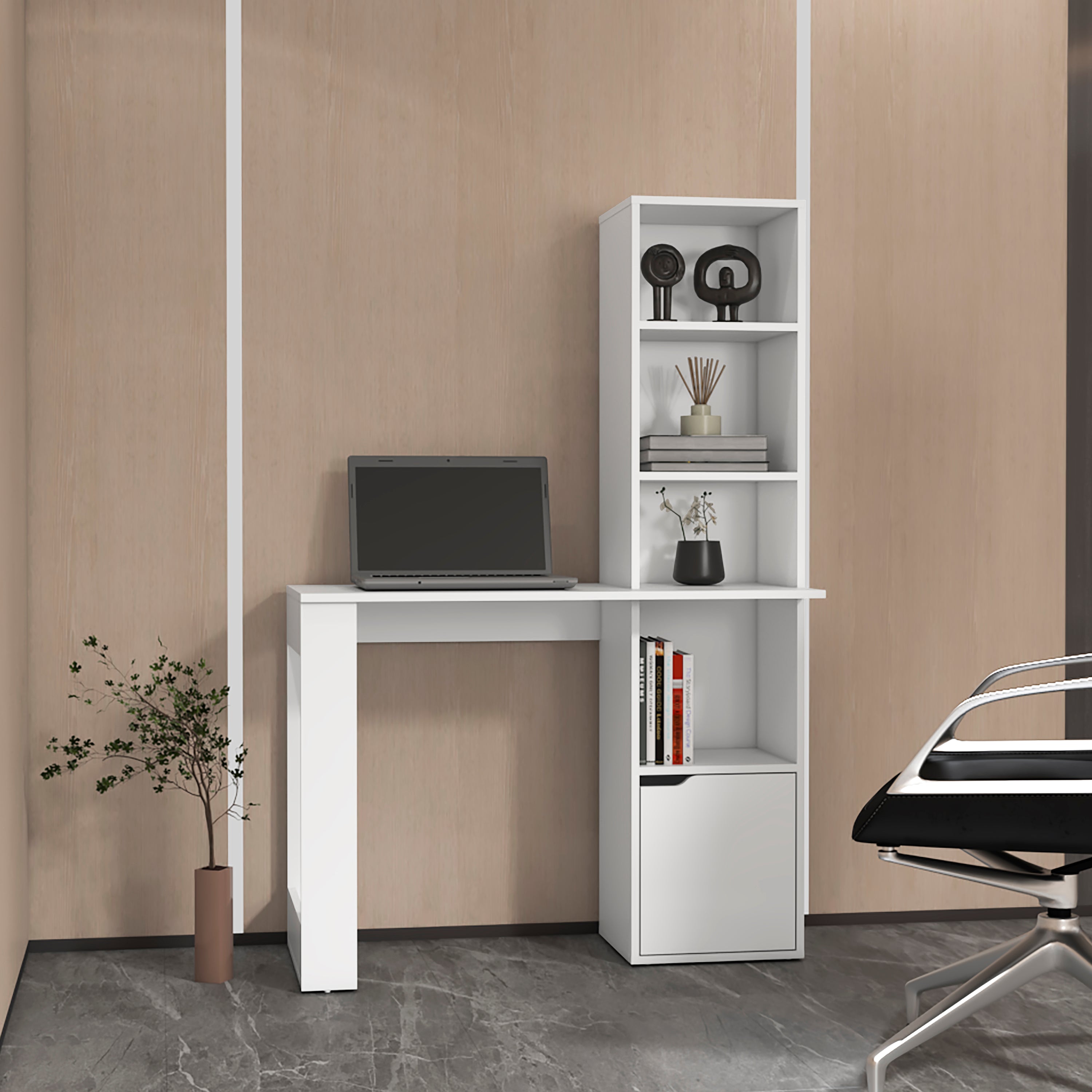 White Computer Desk with 4-Tier Bookcase and 1-Door Cabinet