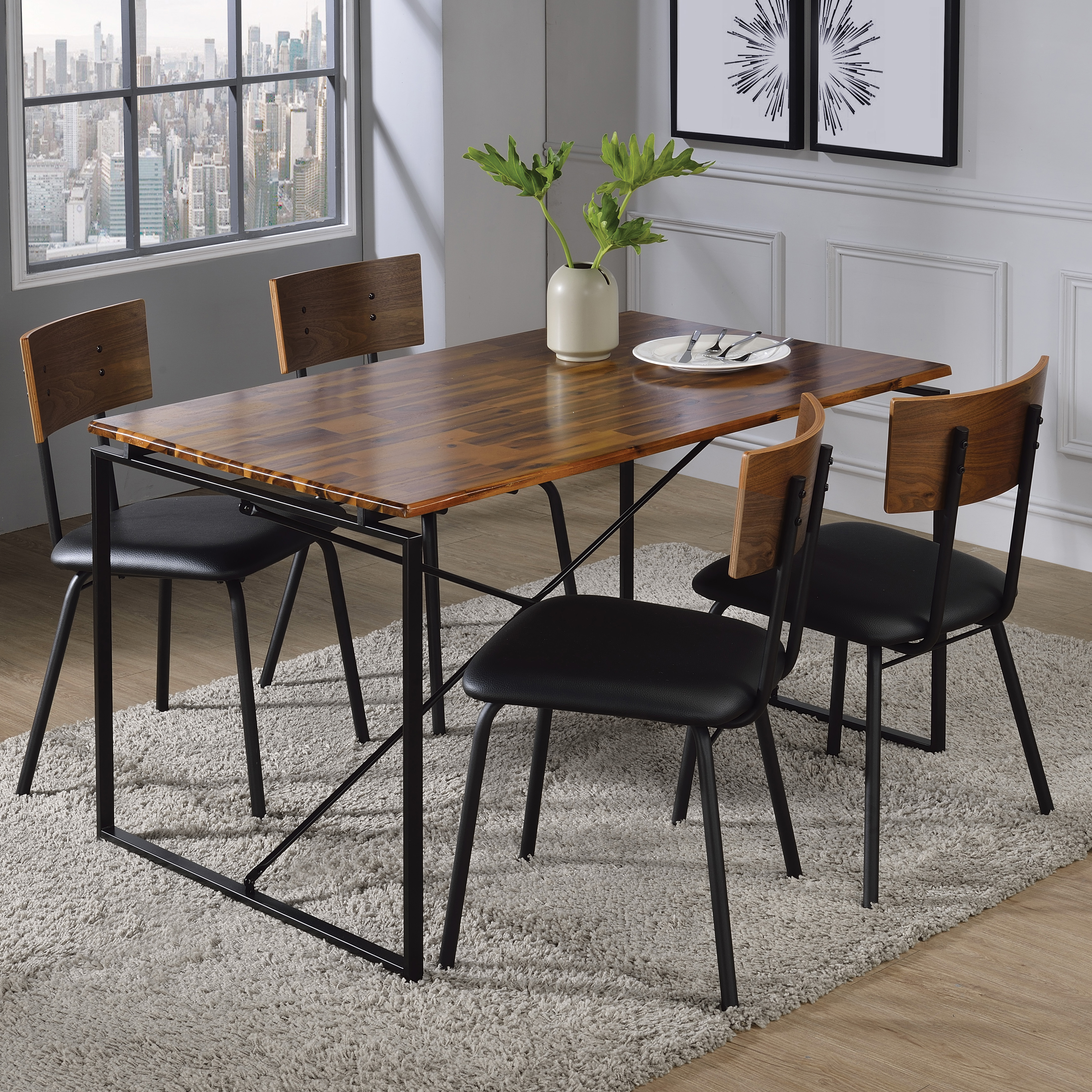 Oak and Black Dining Table with Metal Sled Base