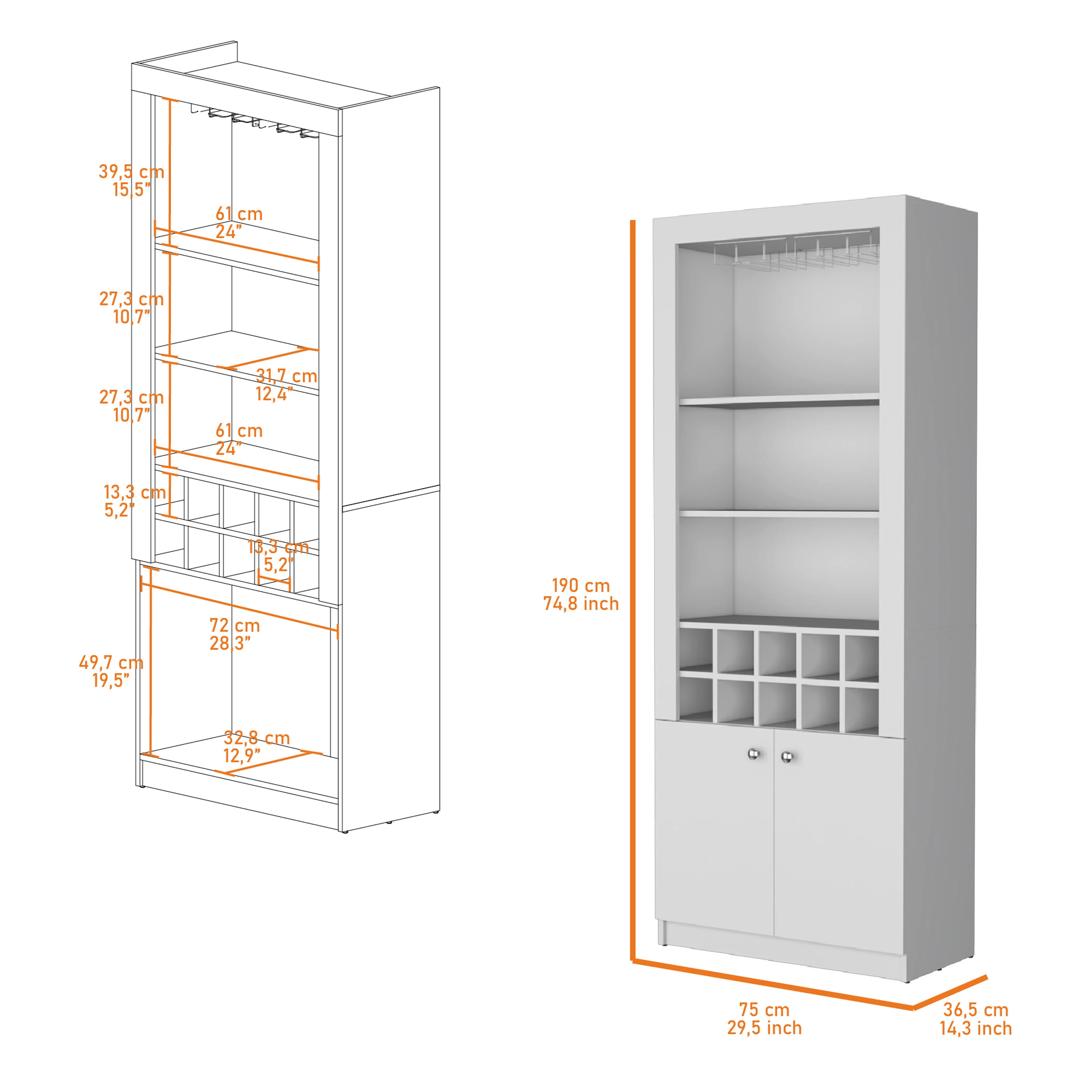 White Bar Cabinet with Wine Storage and Three Shelves