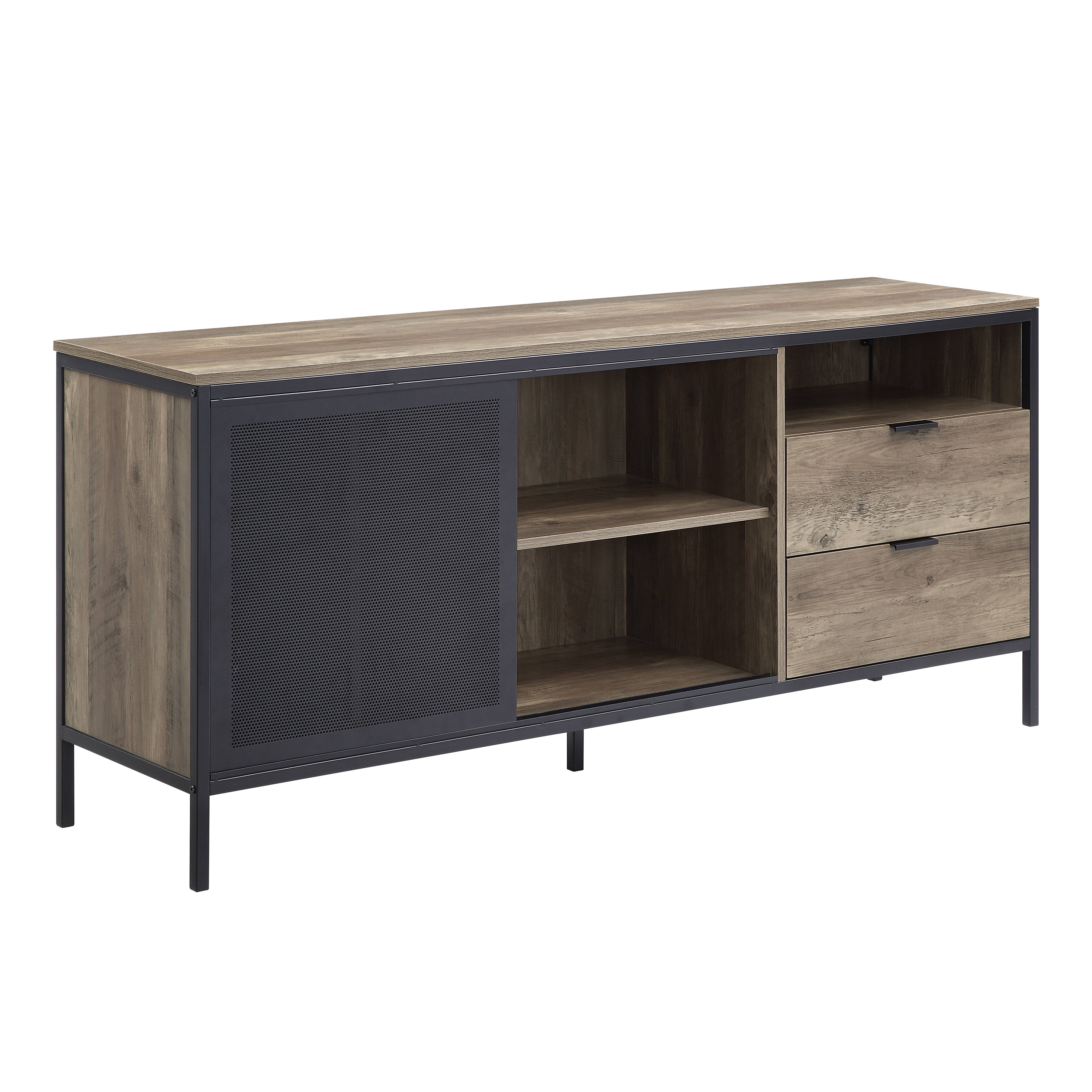 Rustic Oak And Black 2-Drawer TV Stand with Sliding Door