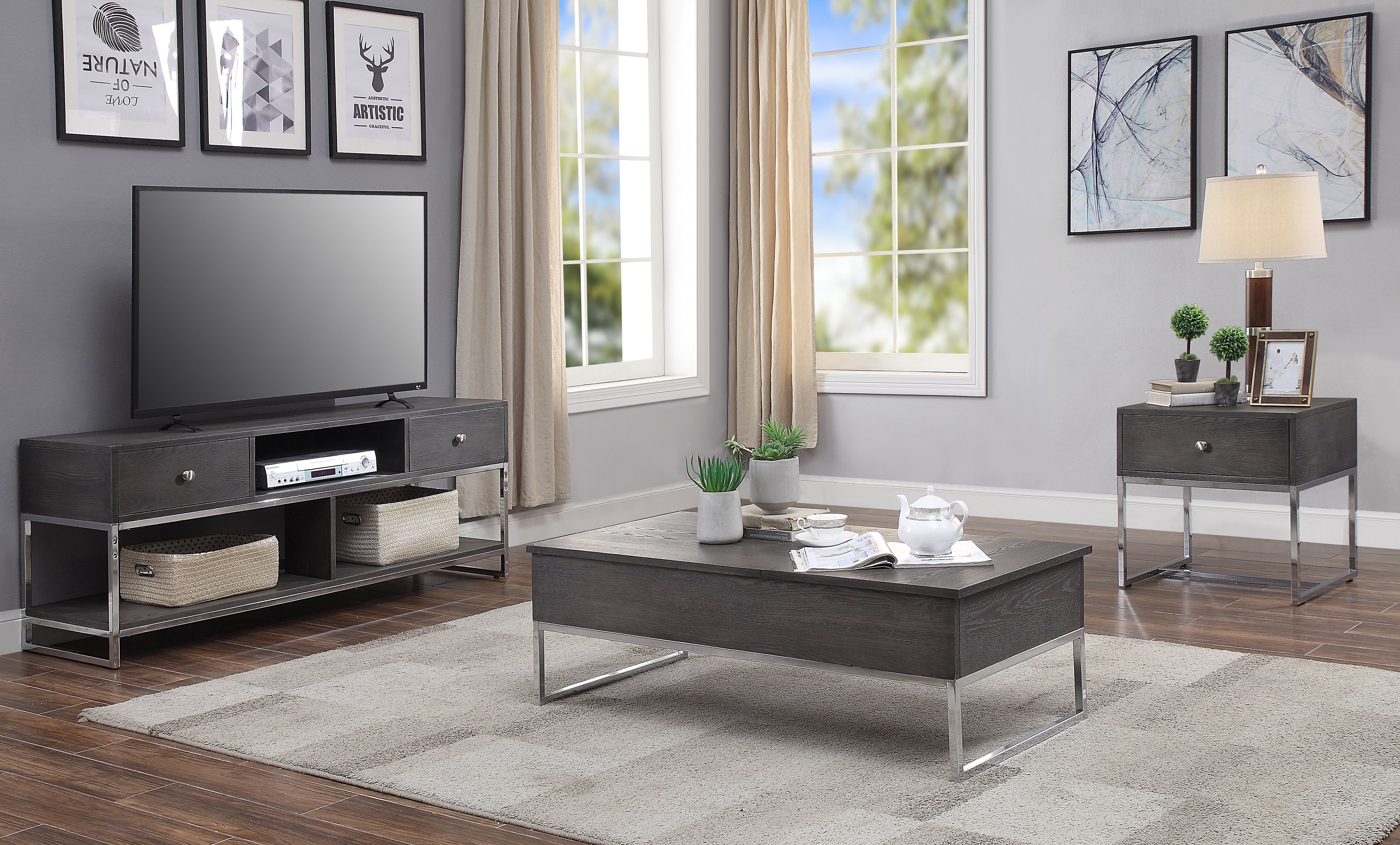 Grey Oak and Chrome Coffee Table with Lift Top