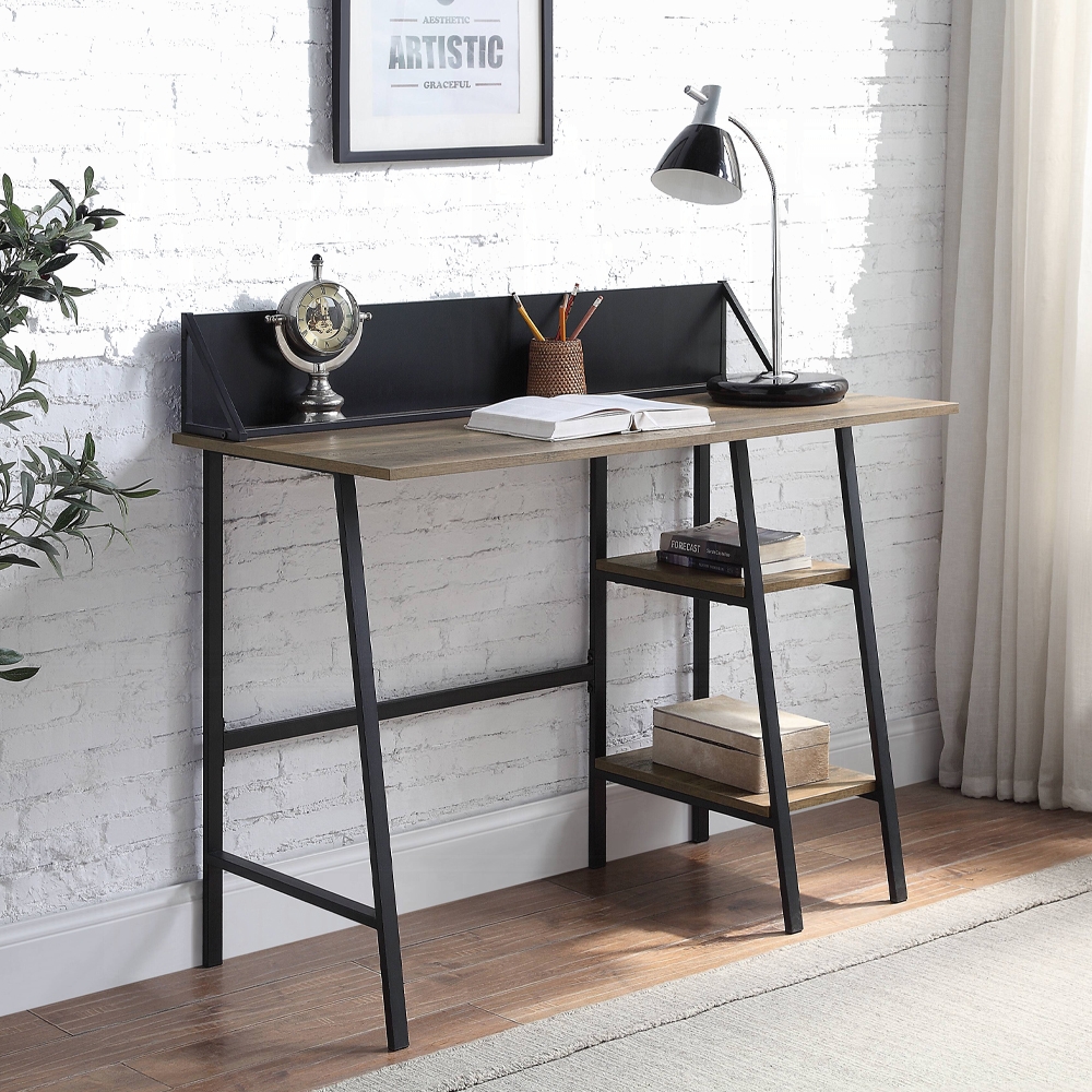 Rustic Oak and Black 2-Shelf Writing Desk with H-Shaped Base