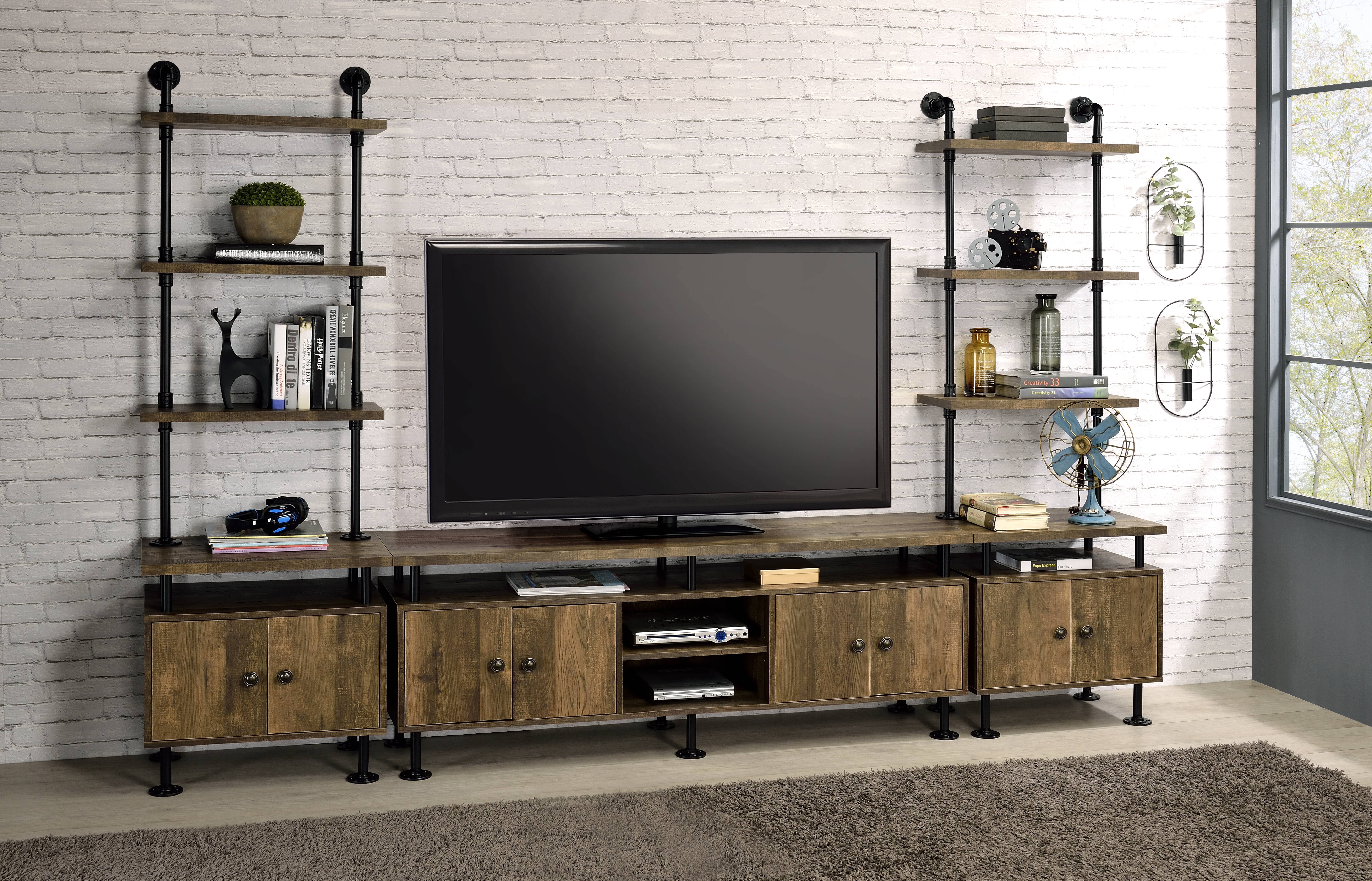 Rustic Oak and Black 2-Shelf TV Stand