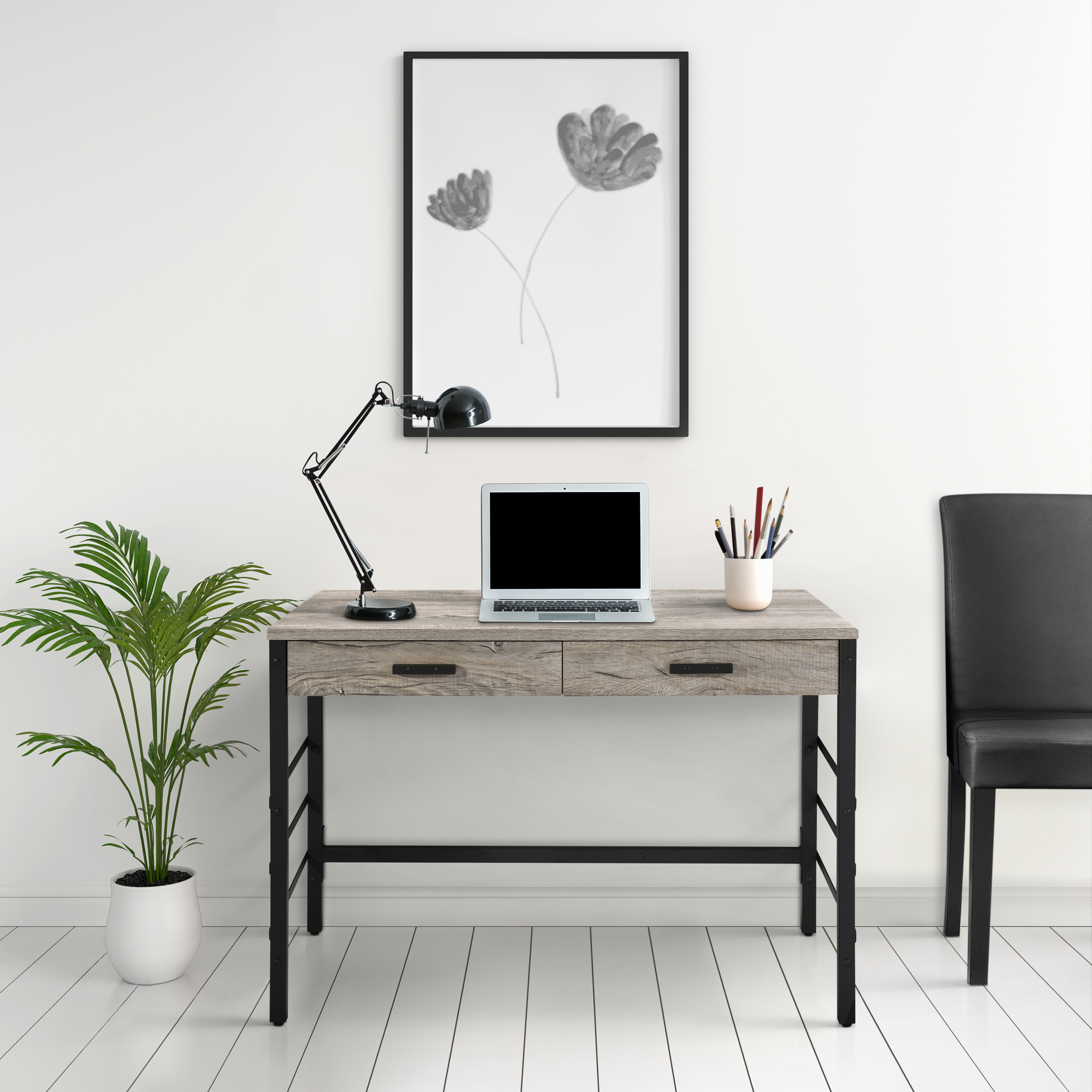 Light Weathered Oak and Black Writing Desk with 2 Drawers