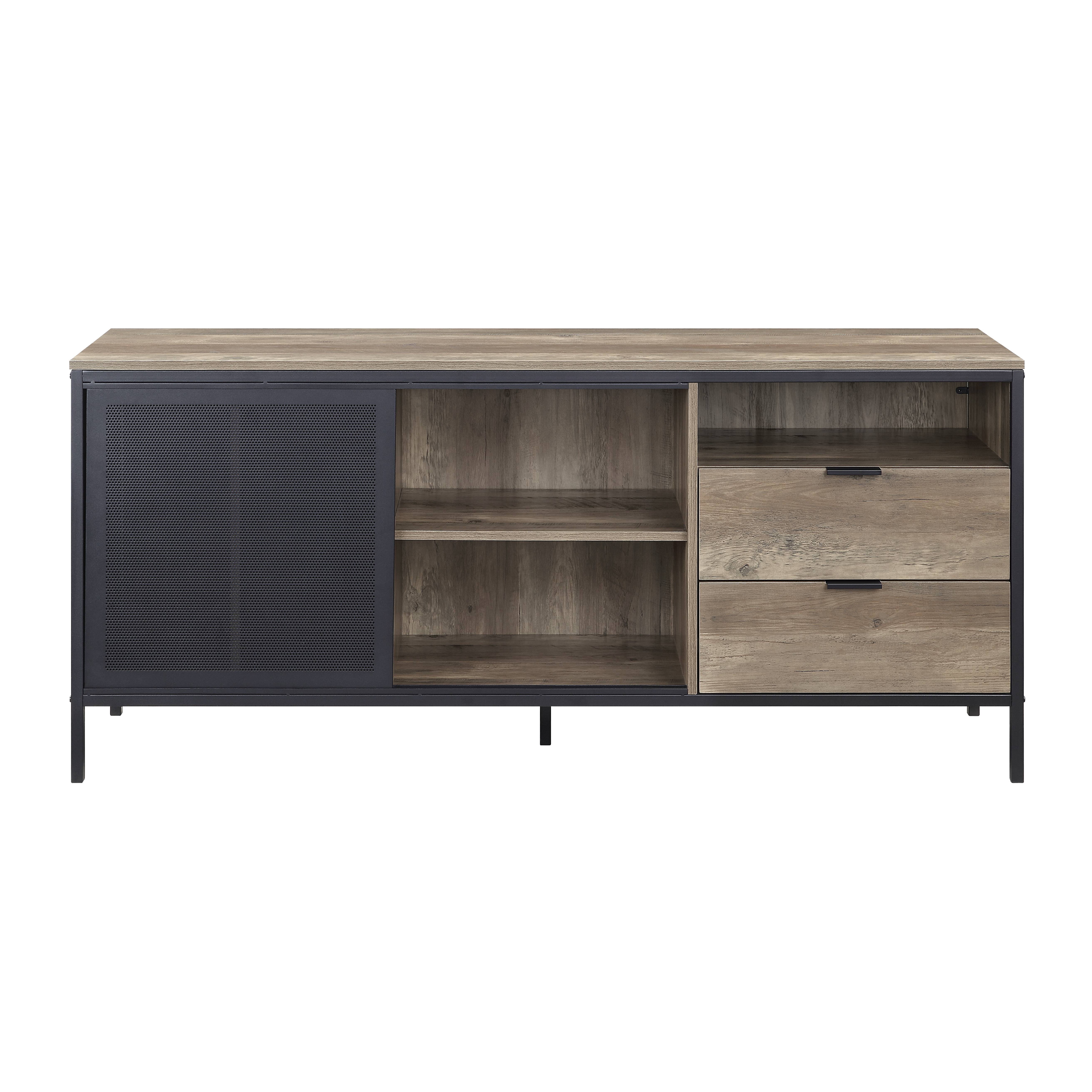 Rustic Oak And Black 2-Drawer TV Stand with Sliding Door