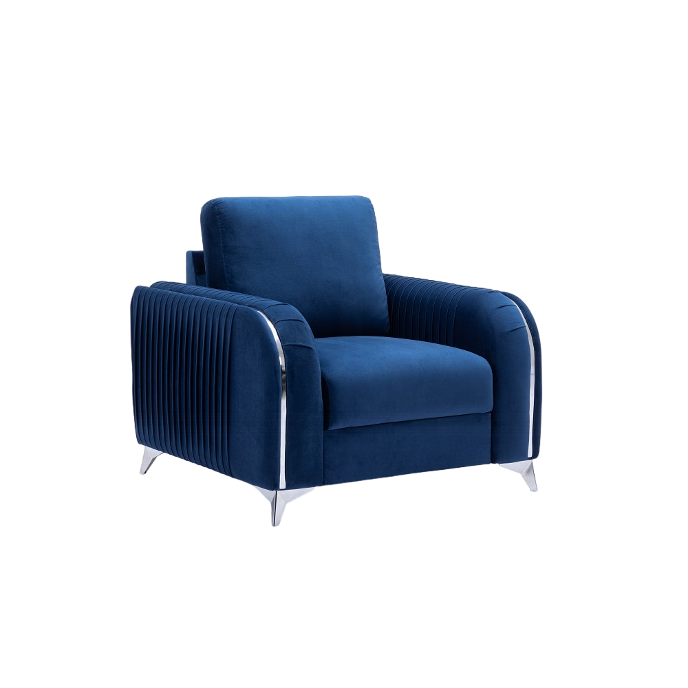 Fauteuil bleu avec pied en métal et accents chromés