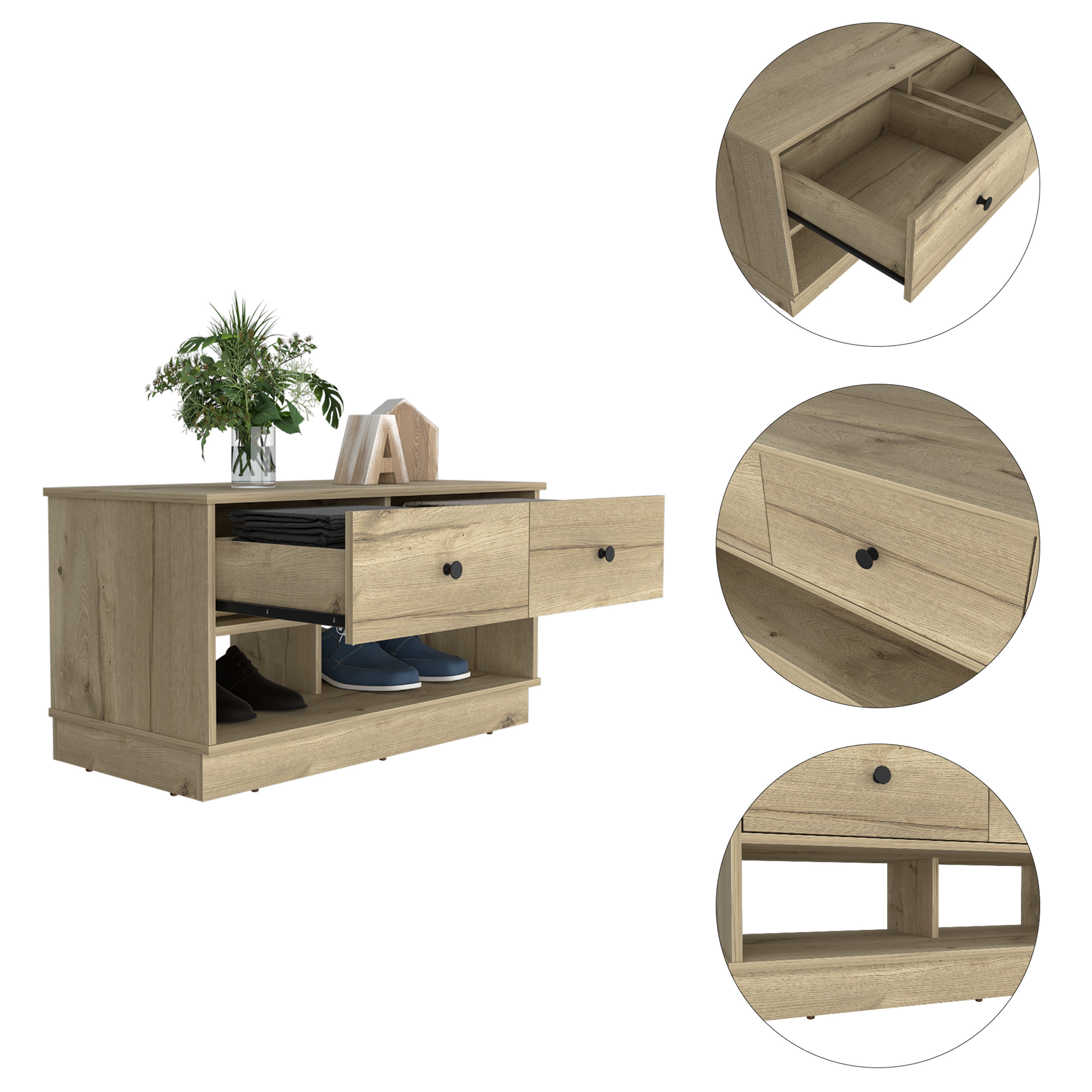 Light Oak Rectangle 2-Shelf 2-Drawer Storage Bench