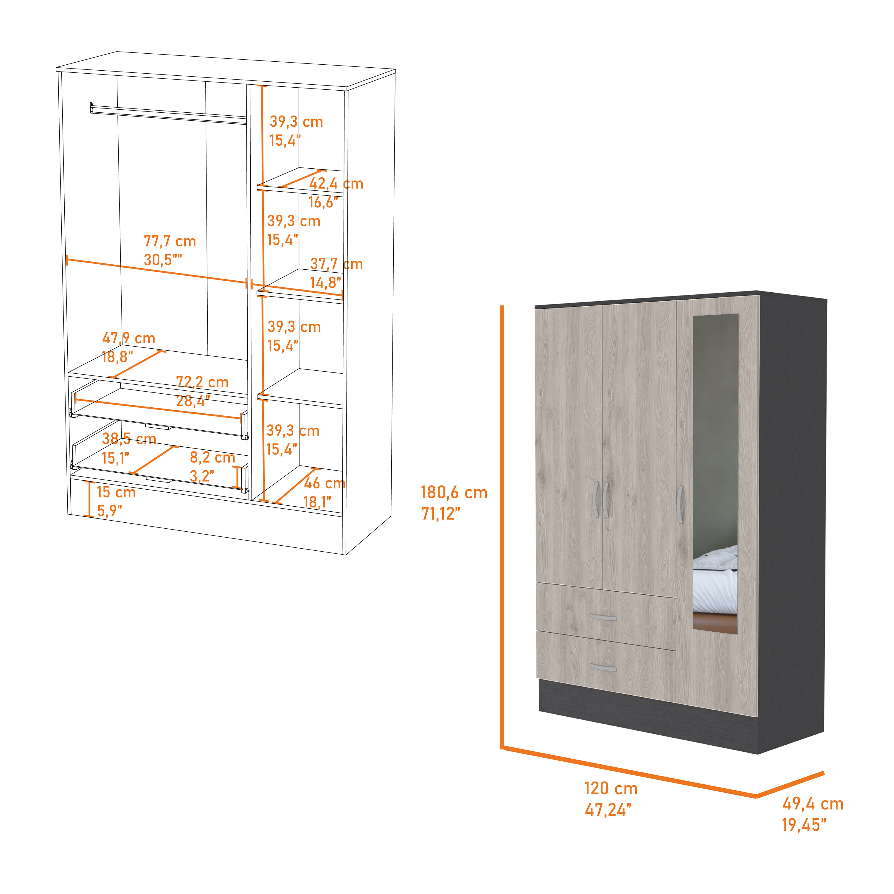 Black Rock 2-Drawer Small Armoire with Mirror Door Black Wengue and Light Gray