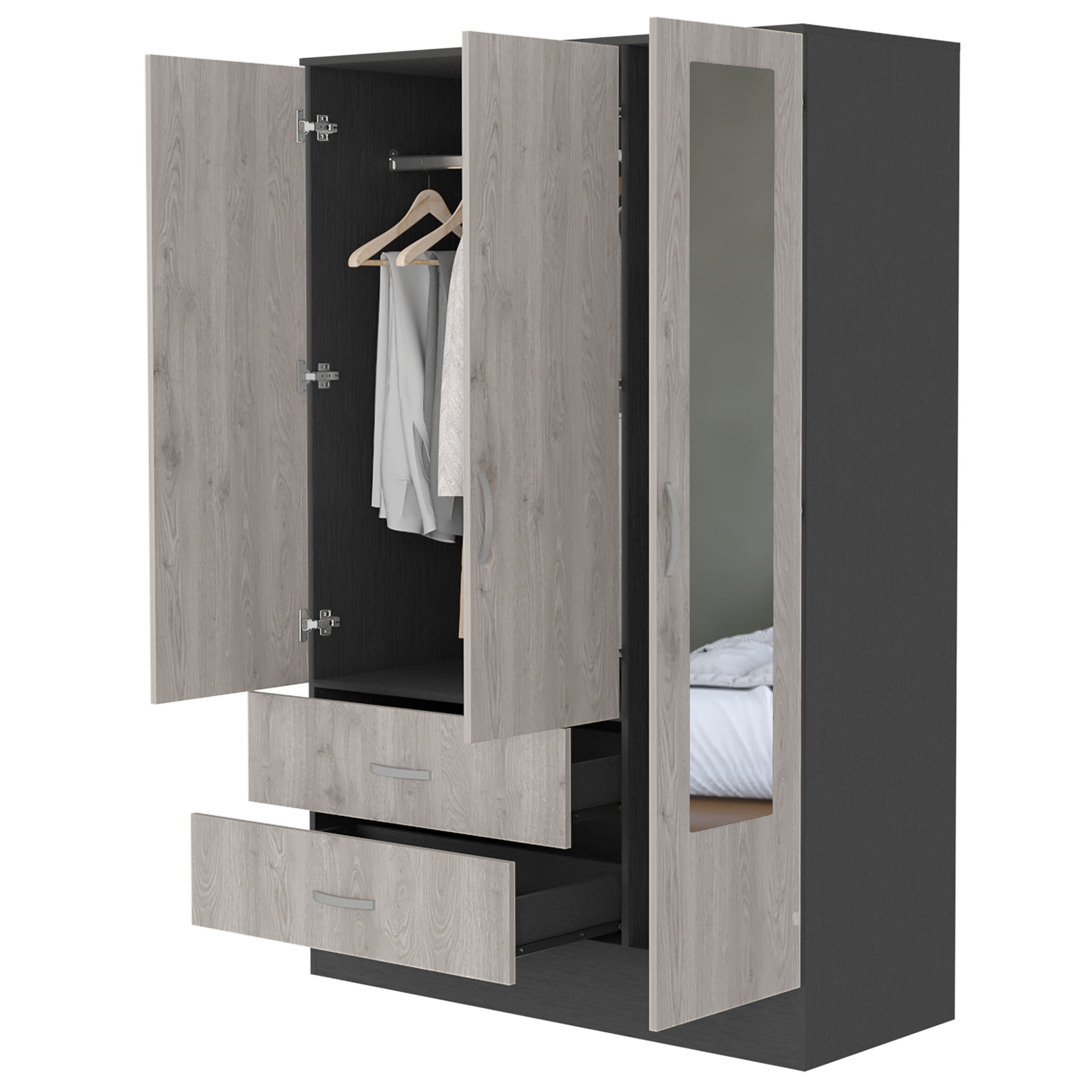 Black Rock 2-Drawer Small Armoire with Mirror Door Black Wengue and Light Gray