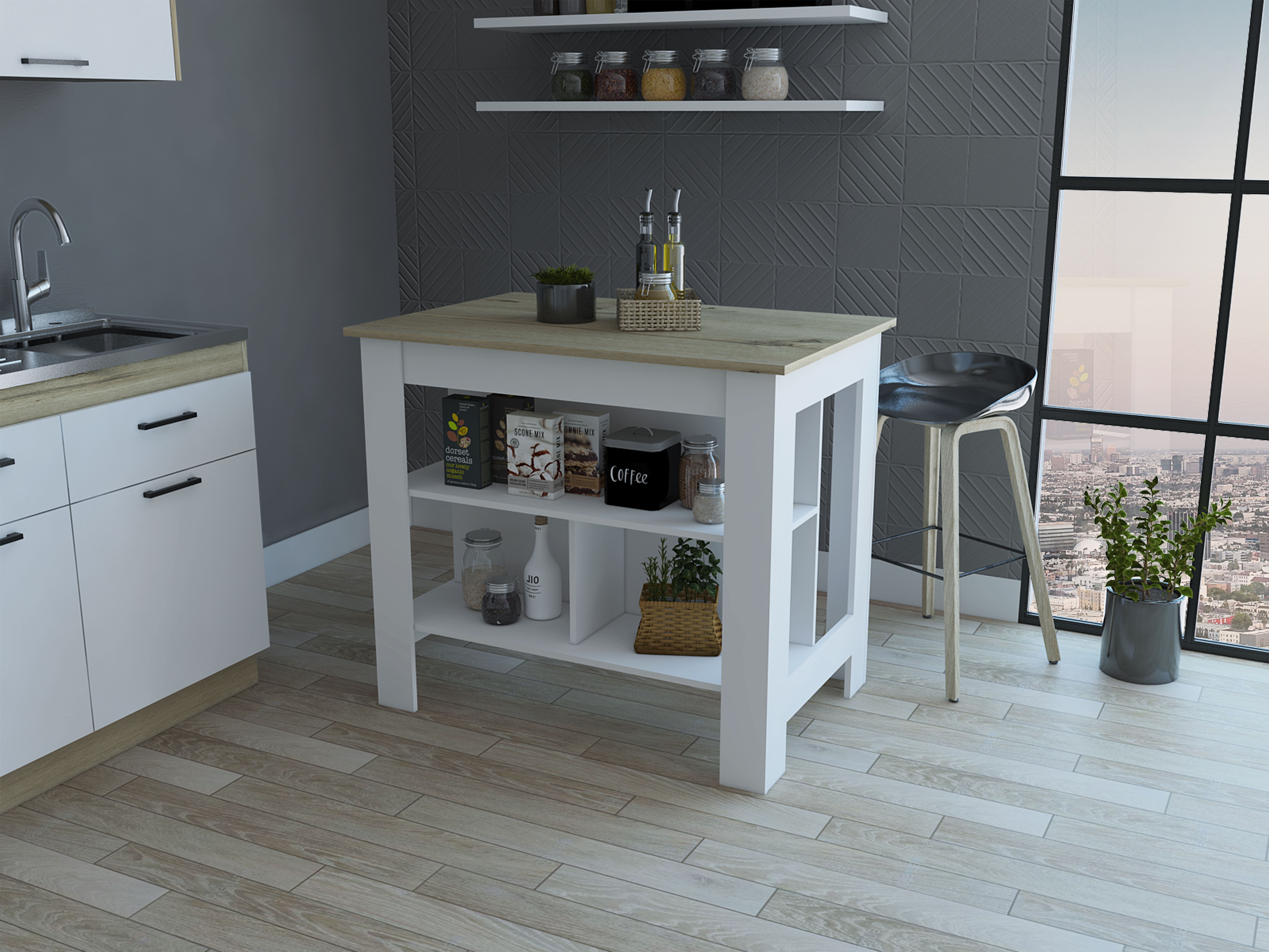 Rockaway 3-Shelf Kitchen Island White and Light Oak