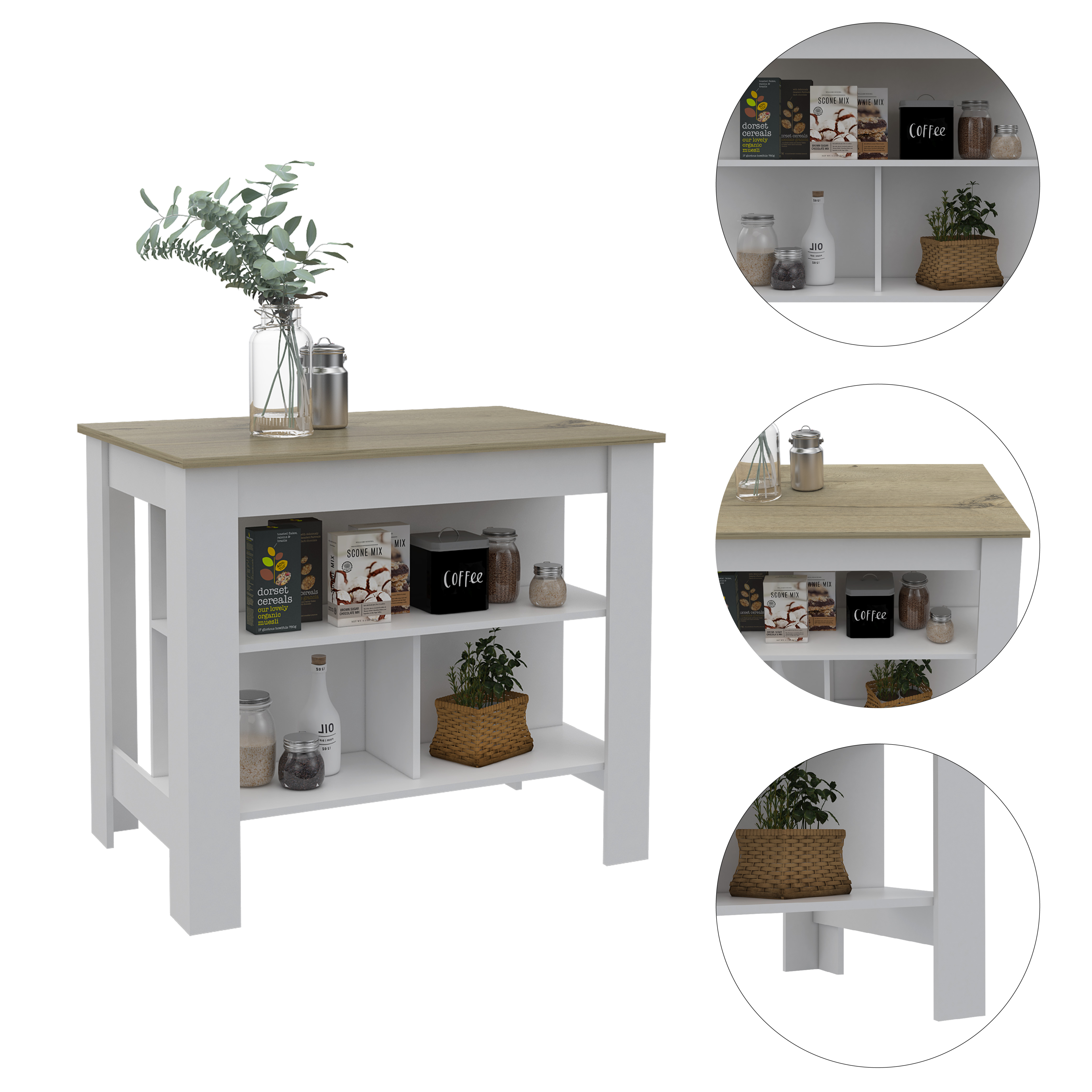 Rockaway 3-Shelf Kitchen Island White and Light Oak