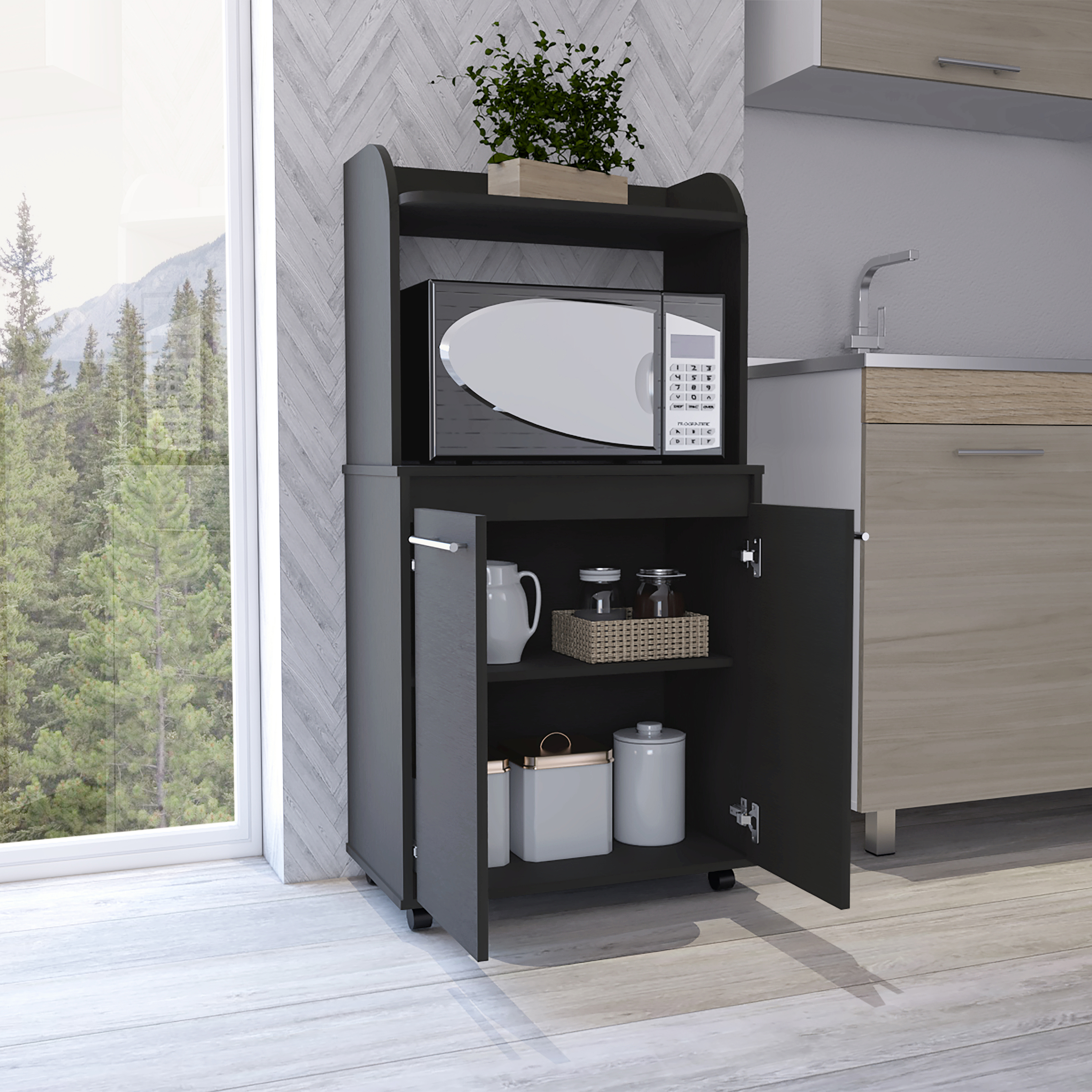 Black Wengue 1-Shelf 2-Door Kitchen Pantry