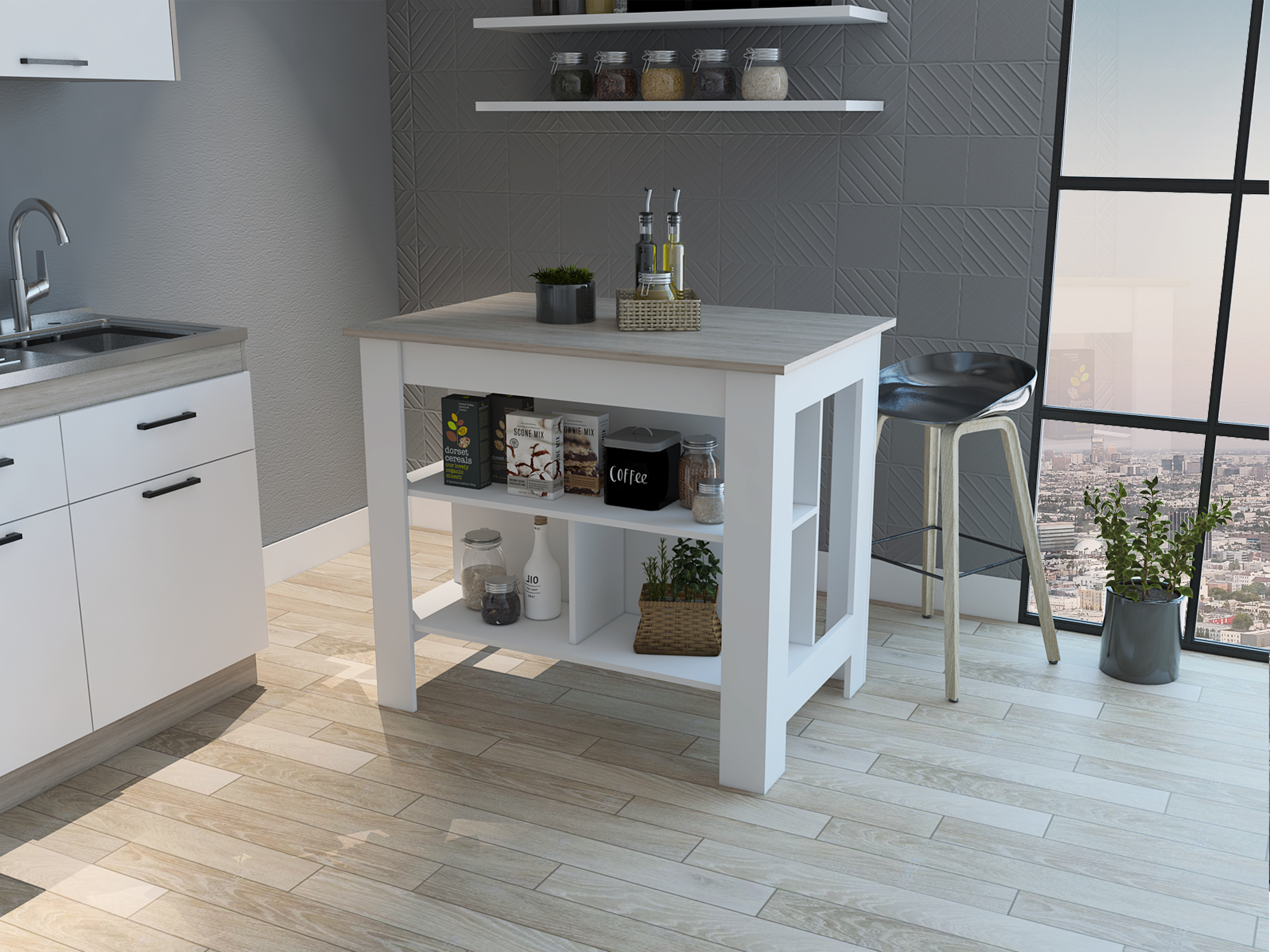 Rockaway 3-Shelf Kitchen Island White and Light Grey