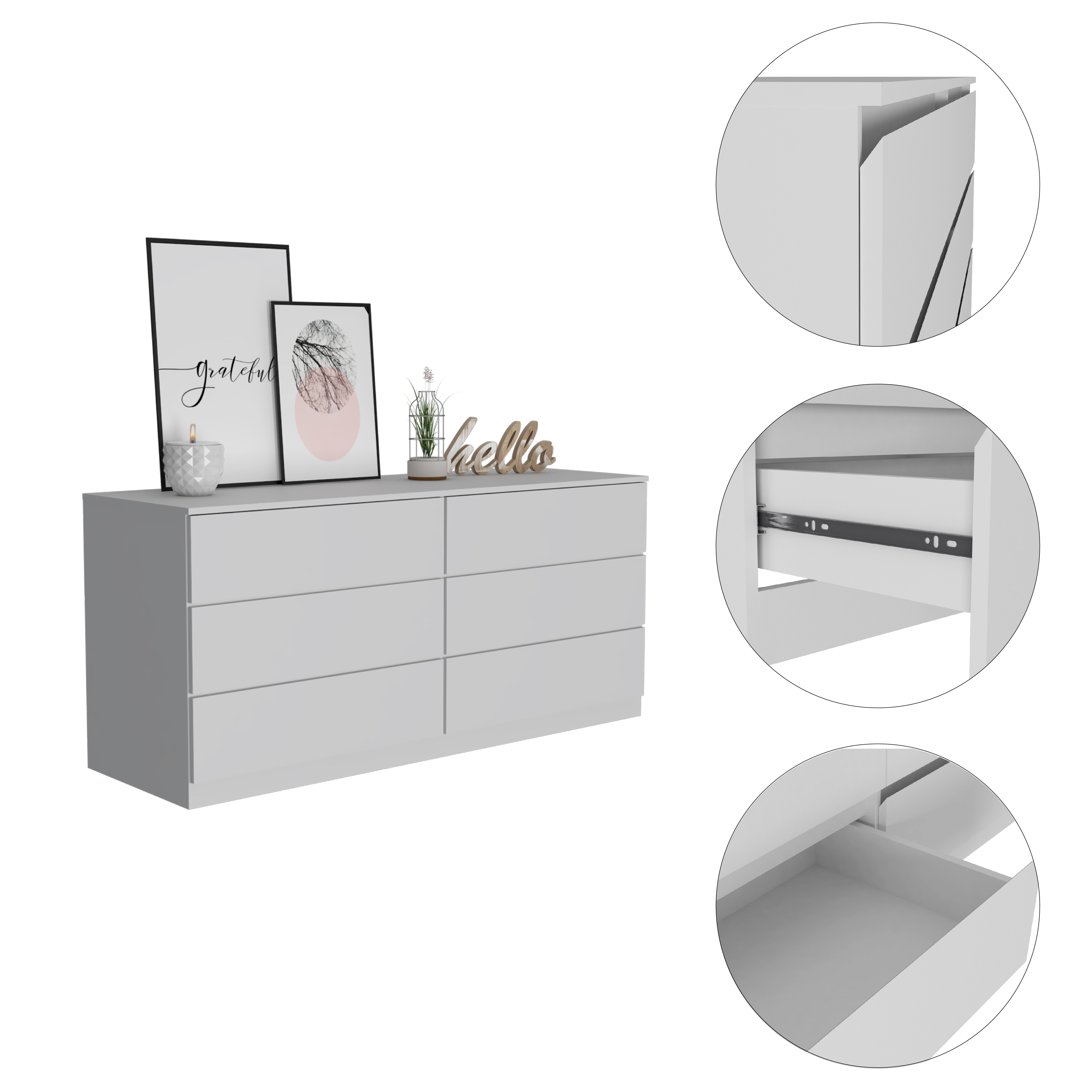 White 6-Drawer Rectangle Dresser