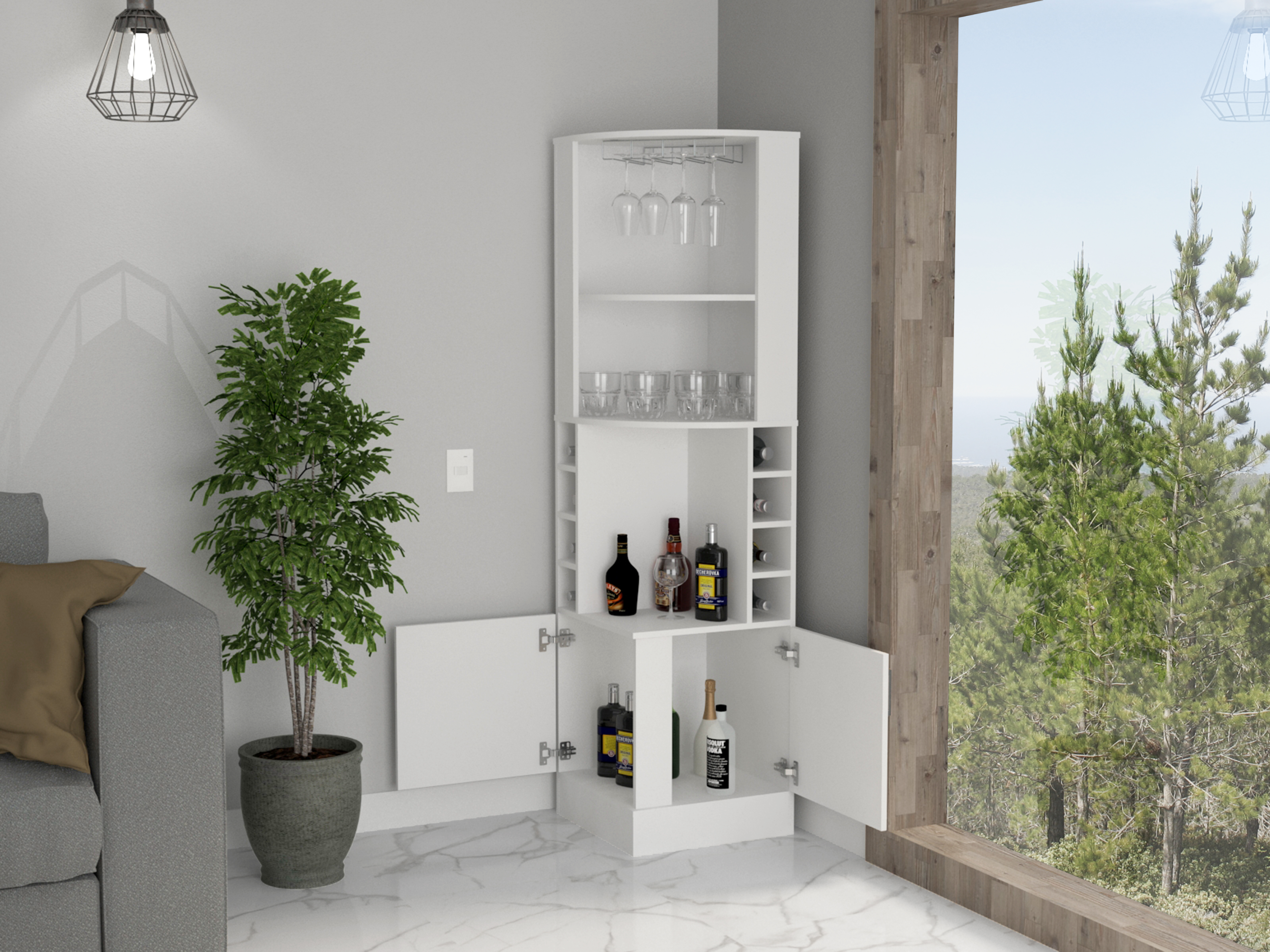 White 8-Bottle 2-Shelf Bar Cabinet