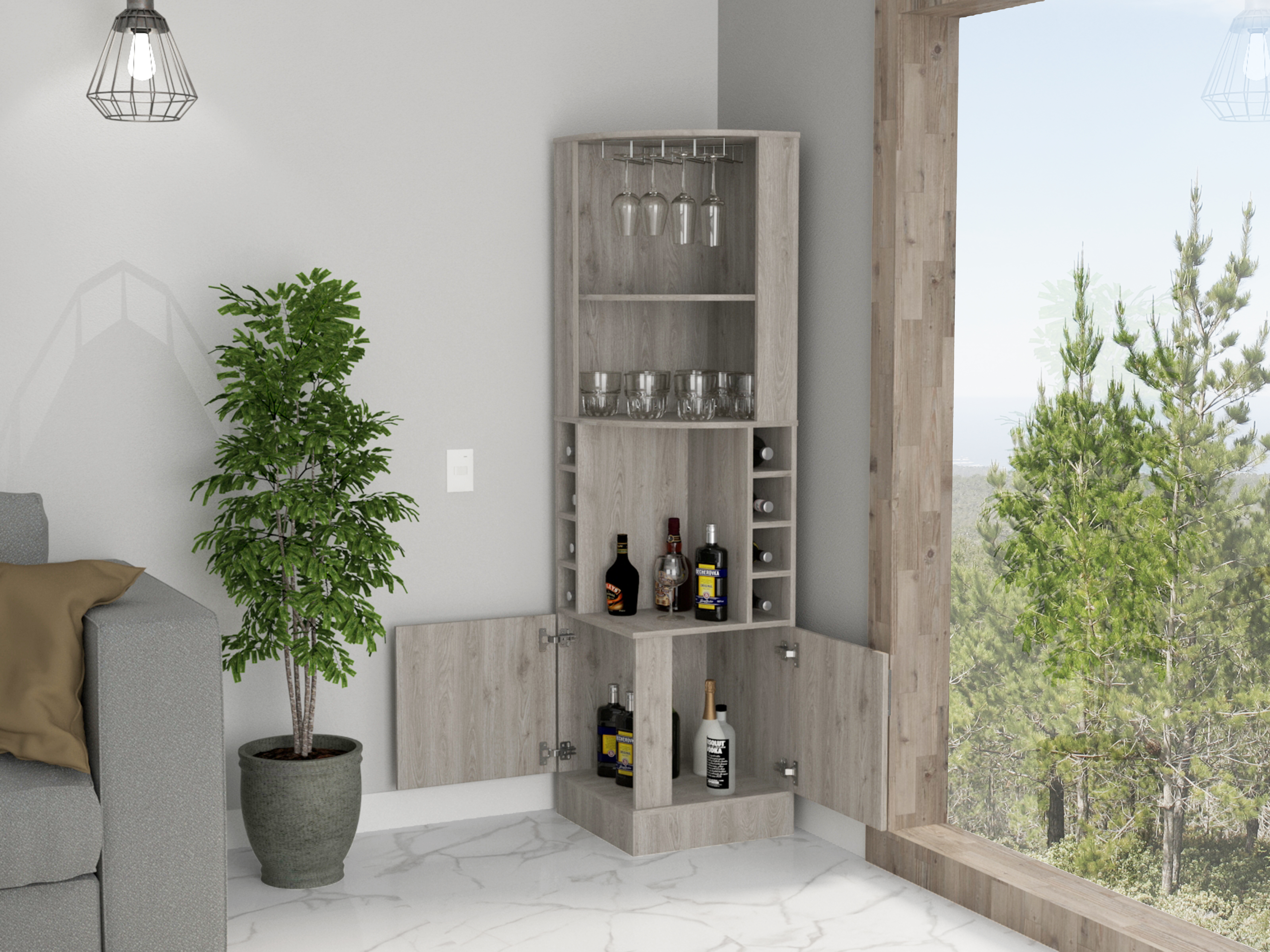 Light Gray 8-Bottle 2-Shelf Bar Cabinet