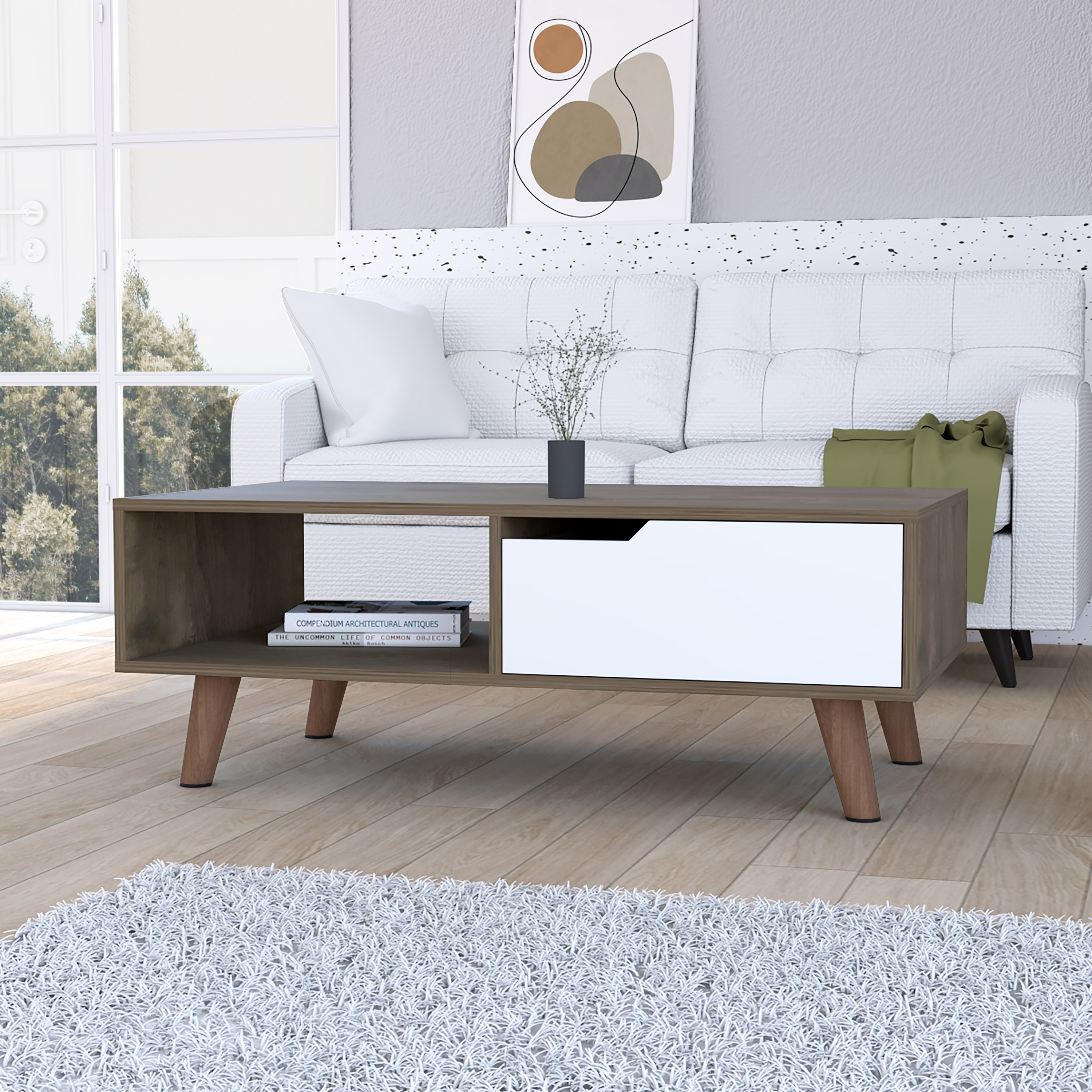 Dark Brown and White 1-Drawer 1-Shelf Rectangle Coffee Table