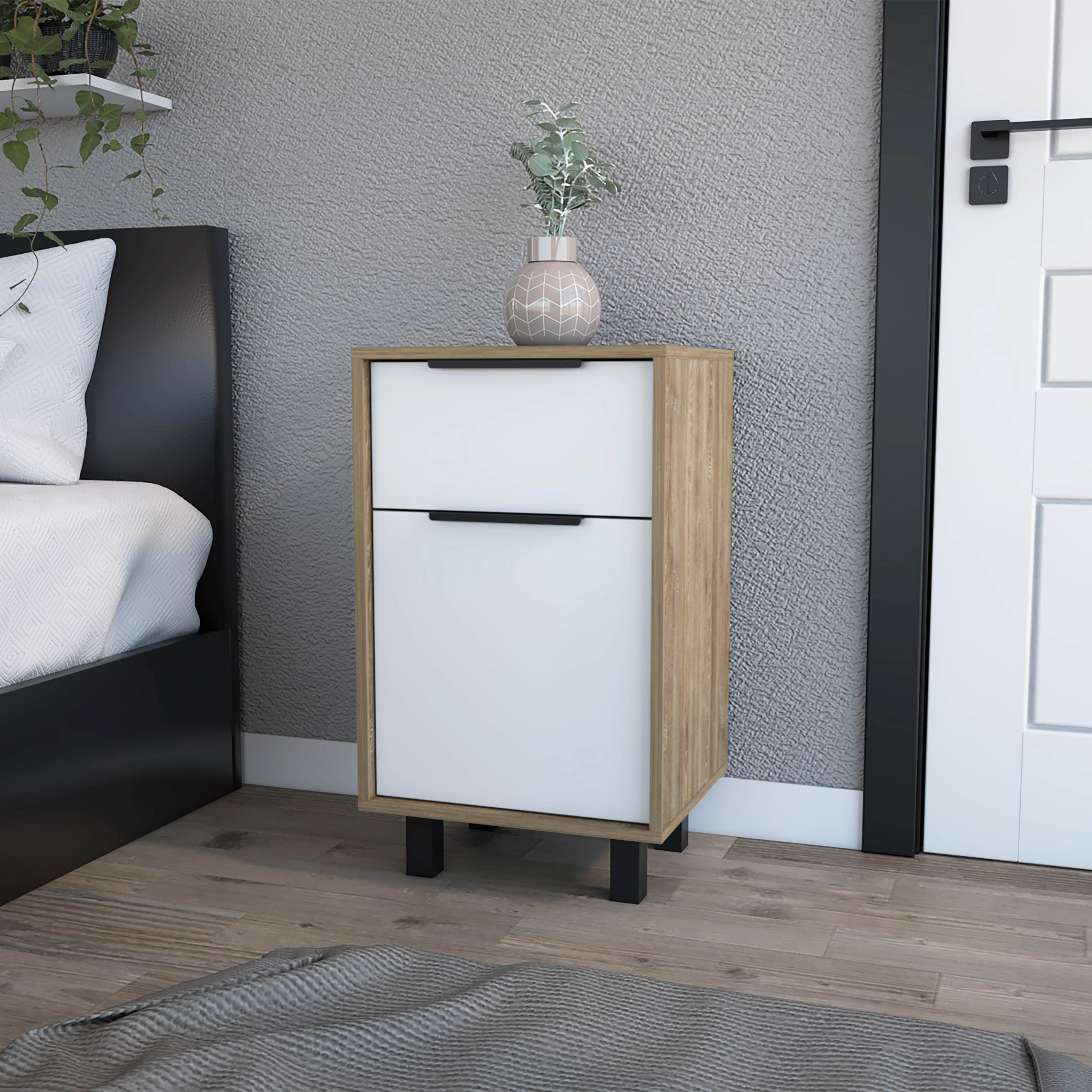 White and Pine 1-Drawer Nightstand