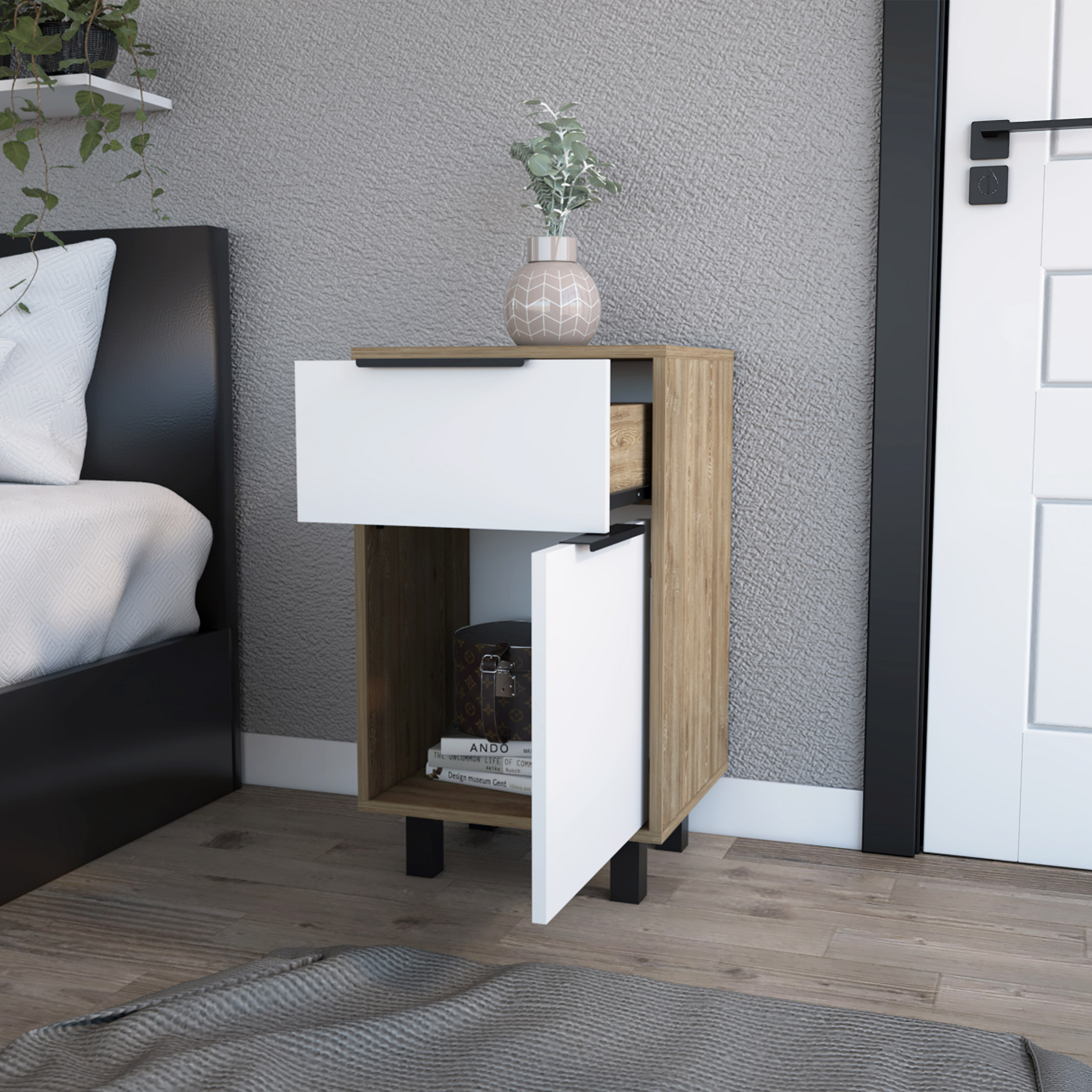 White and Pine 1-Drawer Nightstand