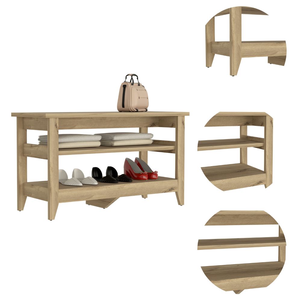 Light Oak 2-Shelf Rectangle Storage Bench