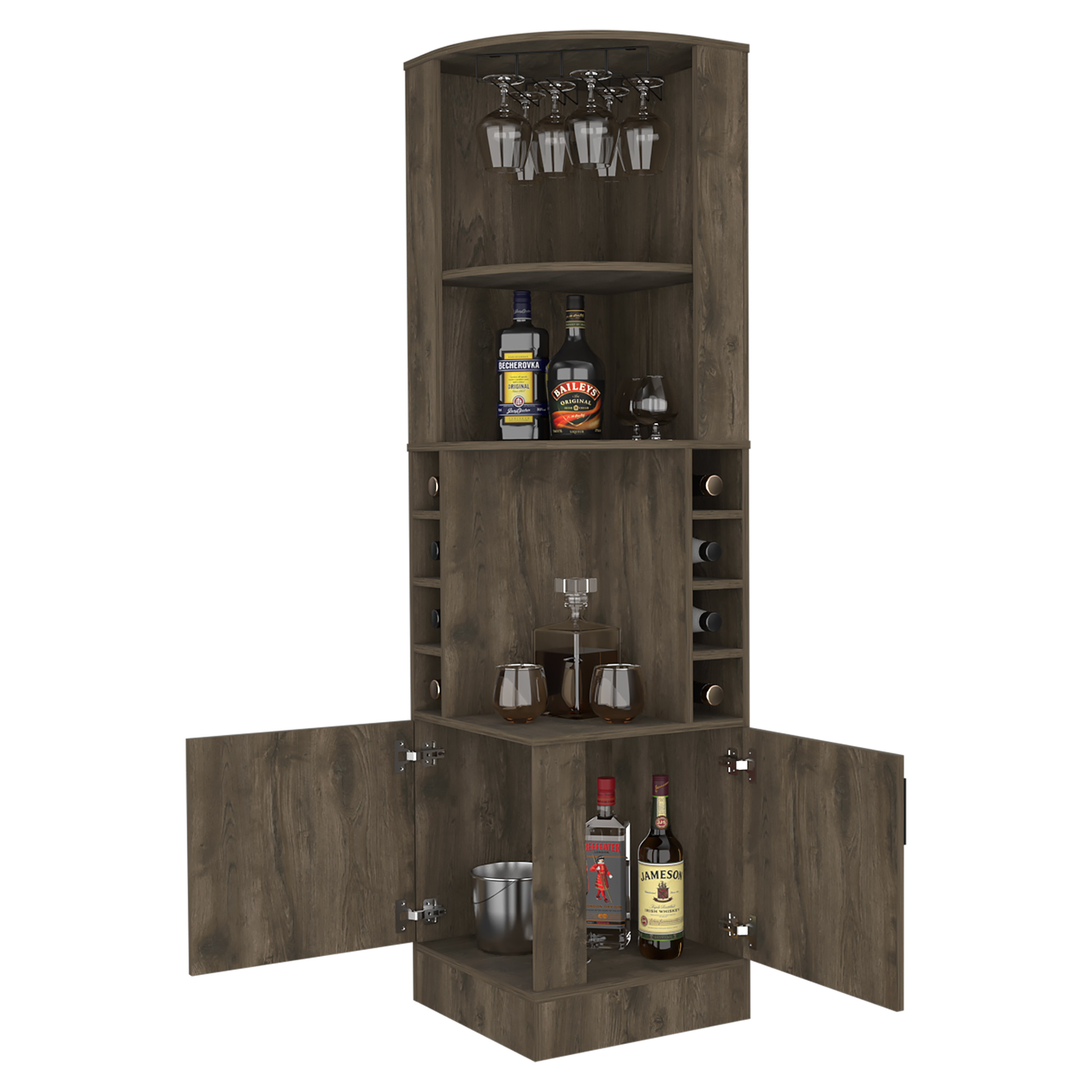 Dark Brown 8-Bottle 2-Shelf Bar Cabinet