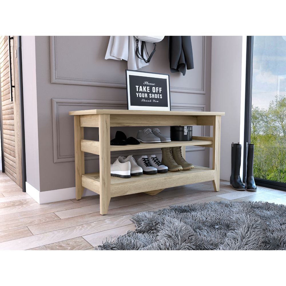 Light Oak 2-Shelf Rectangle Storage Bench