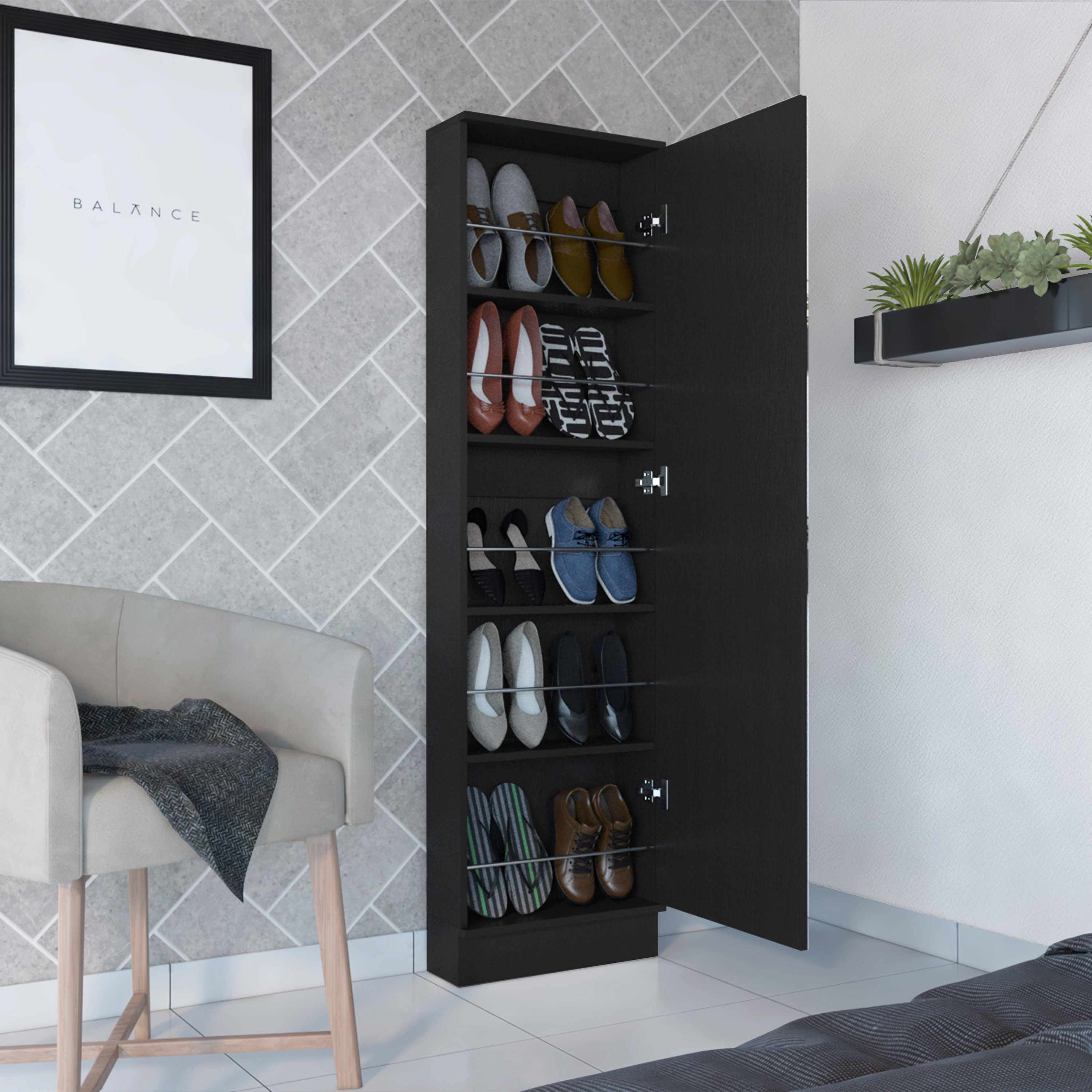 Black Wengue Rectangle Tall Shoe Cabinet with Mirror