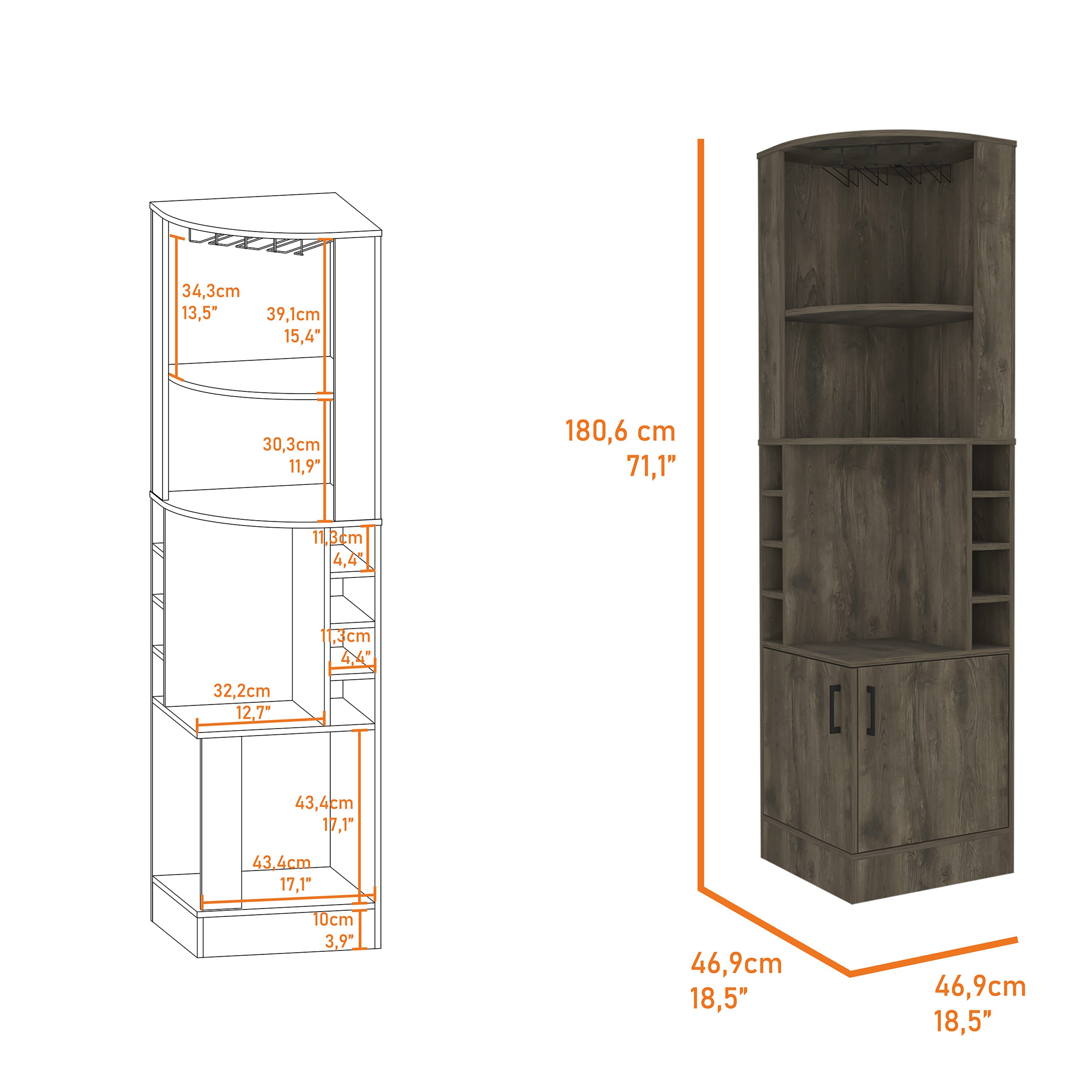 Dark Brown 8-Bottle 2-Shelf Bar Cabinet