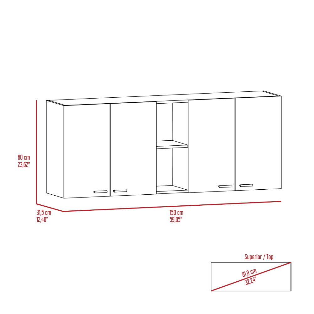 Sierra 7-Shelf 4-Door 2-piece Kitchen Set, Upper Wall Cabinet and Kitchen Island White and Walnut