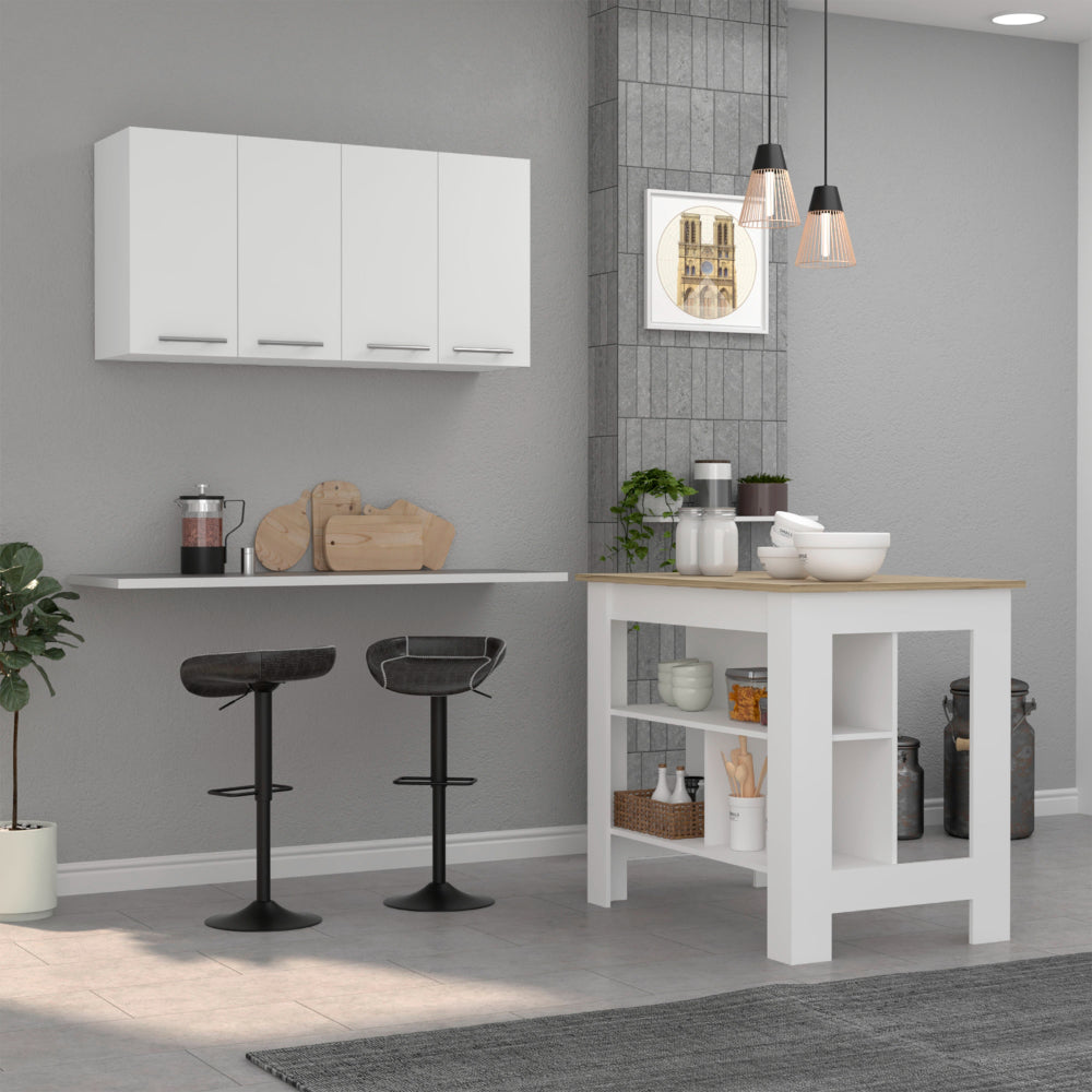 Burlingame 5-Shelf 4-Door 2-piece Kitchen Set, Kitchen Island and Upper Wall Cabinet White and Light Oak