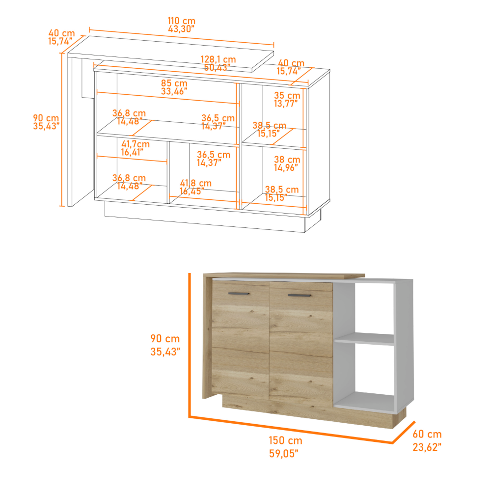 Crescent 7-Shelf 4-Door 2-piece Kitchen Set, Kitchen Island and Pantry White and Light Oak