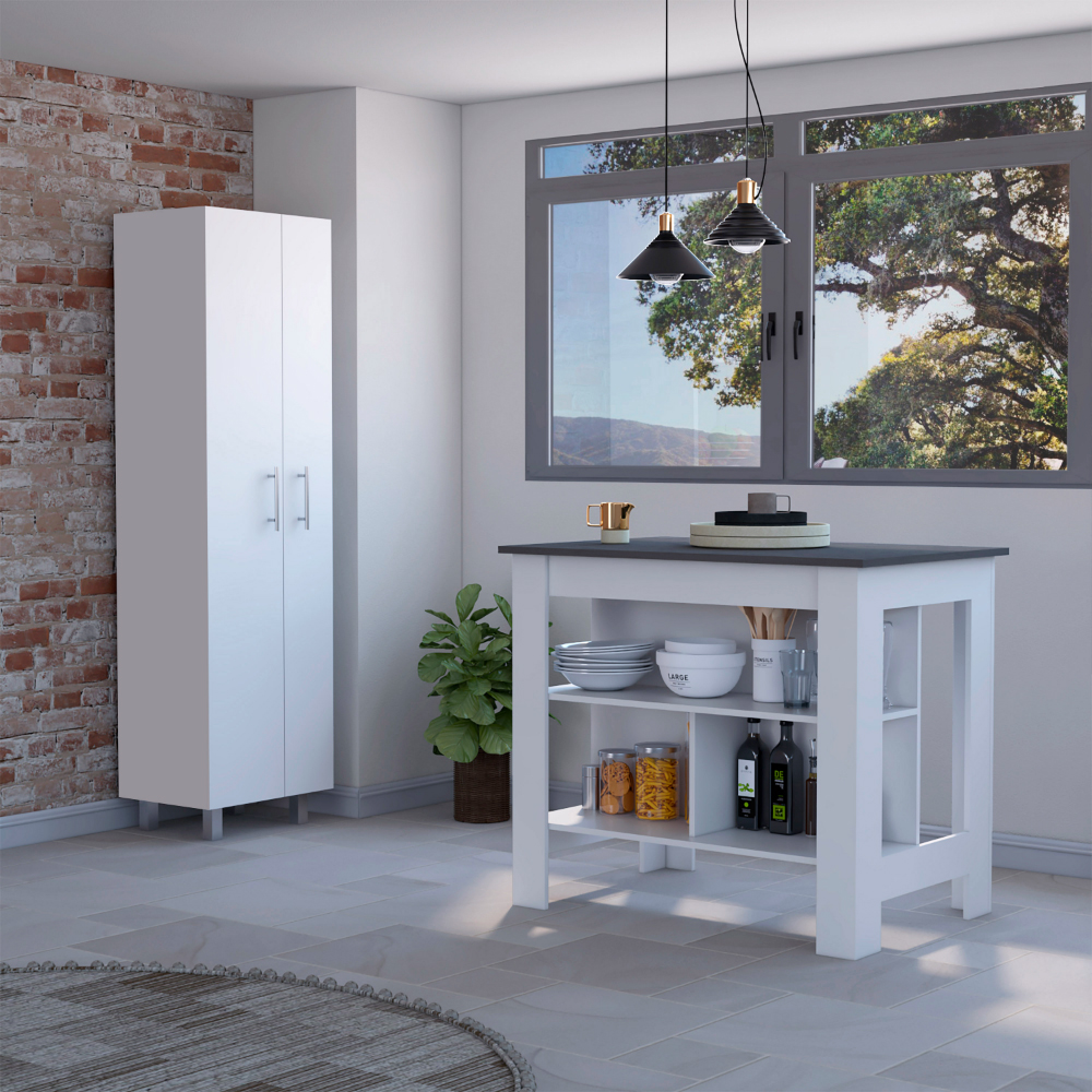 White and Onyx 2-Piece Kitchen Set, Kitchen Island and Pantry Cabinet