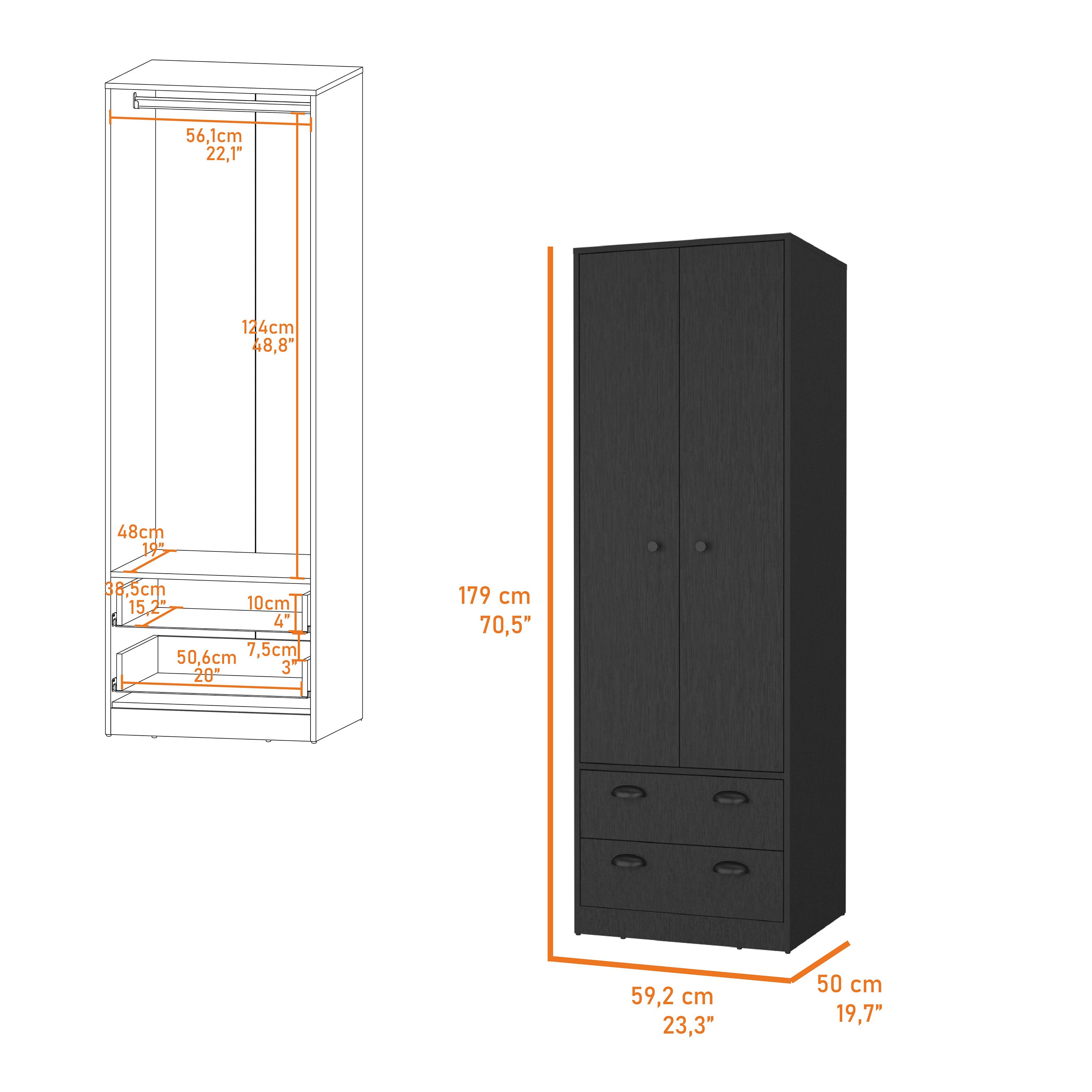 Westminster 2-Door 2-Drawer Armoire with Hanging Rod Black