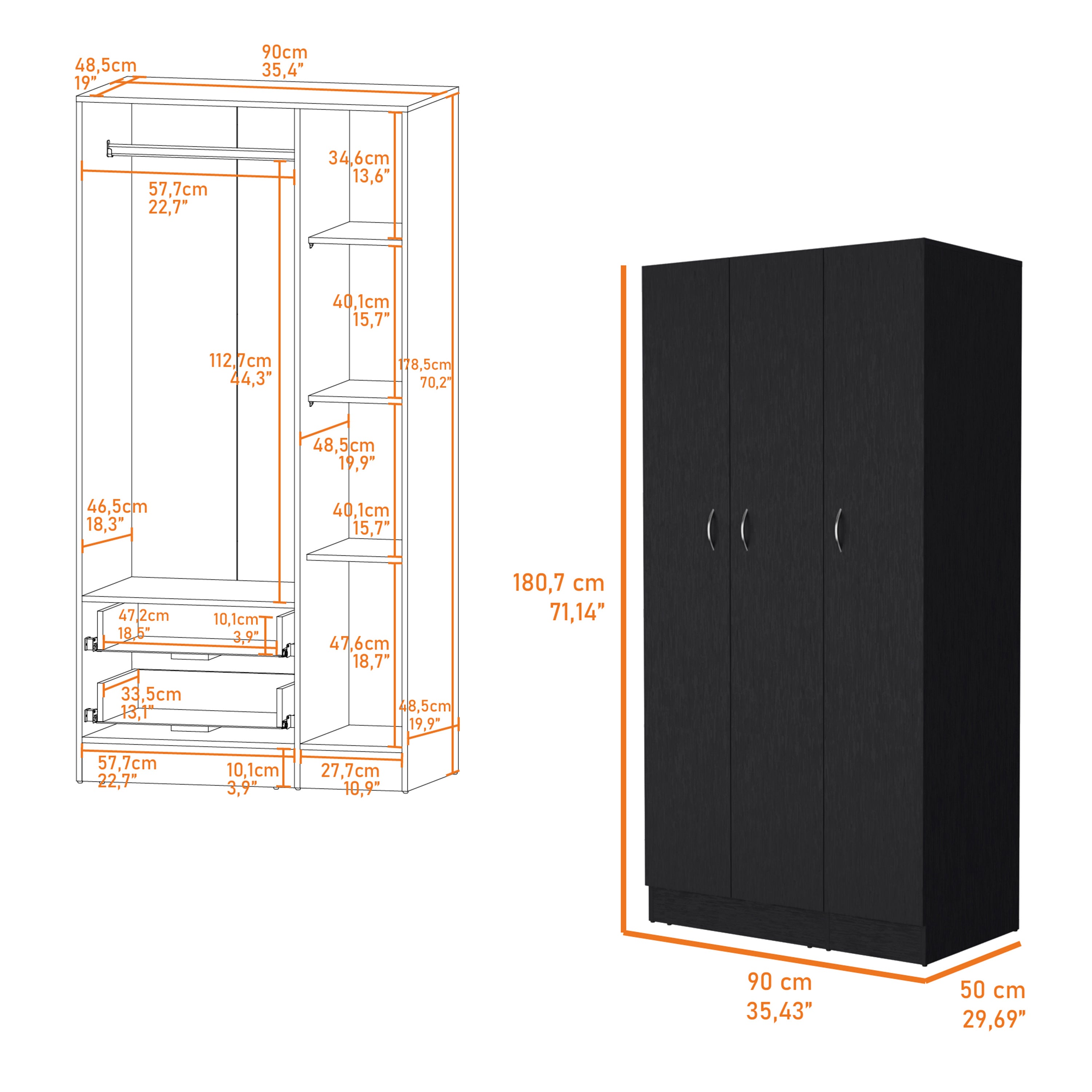 Augusta 3-Door Wardrobe with Hanging Rod Black