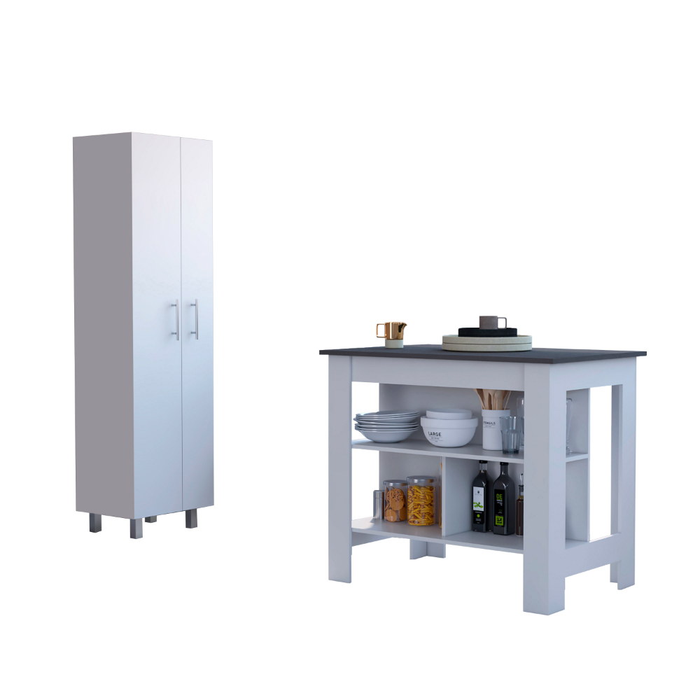 White and Onyx 2-Piece Kitchen Set, Kitchen Island and Pantry Cabinet