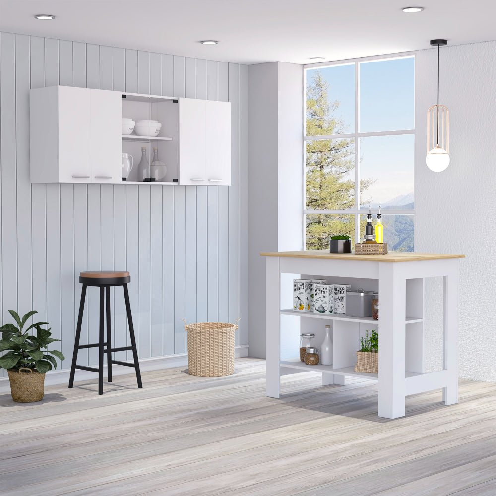 White and Light Oak 2-Piece Kitchen Set, Kitchen Island and Wall Cabinet