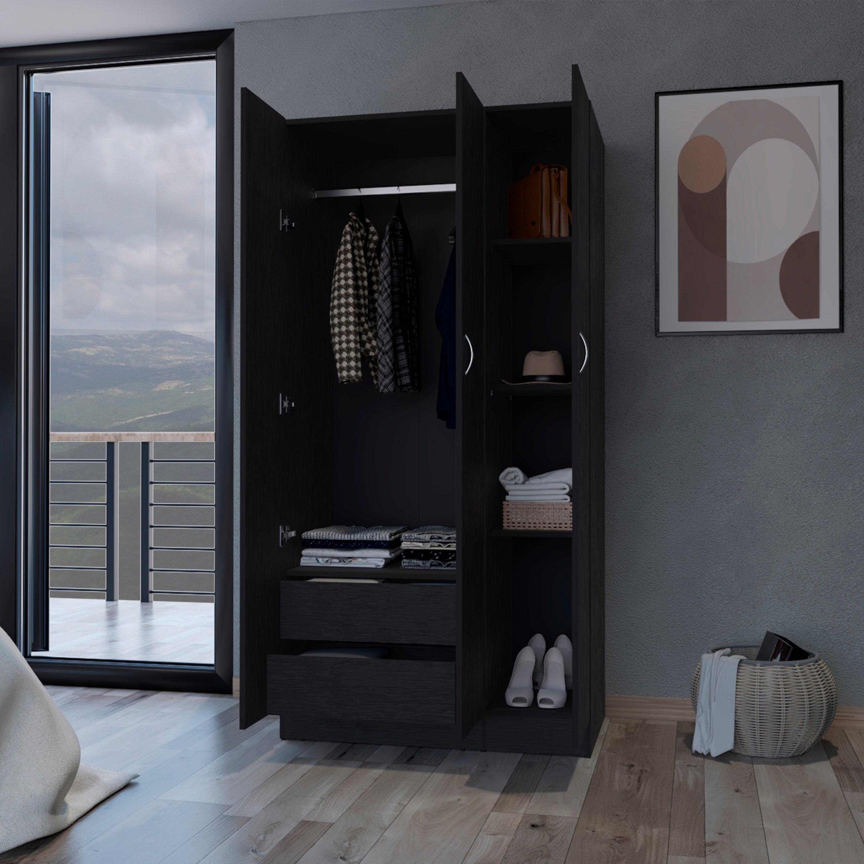 Augusta 3-Door Wardrobe with Hanging Rod Black