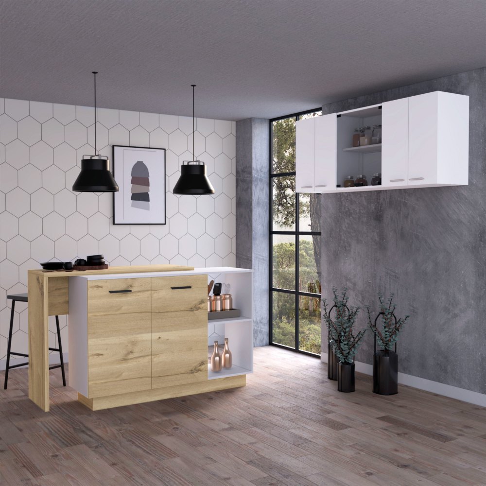 White and Light Oak 2-Piece Kitchen Set, Kitchen Island and Wall Cabinet