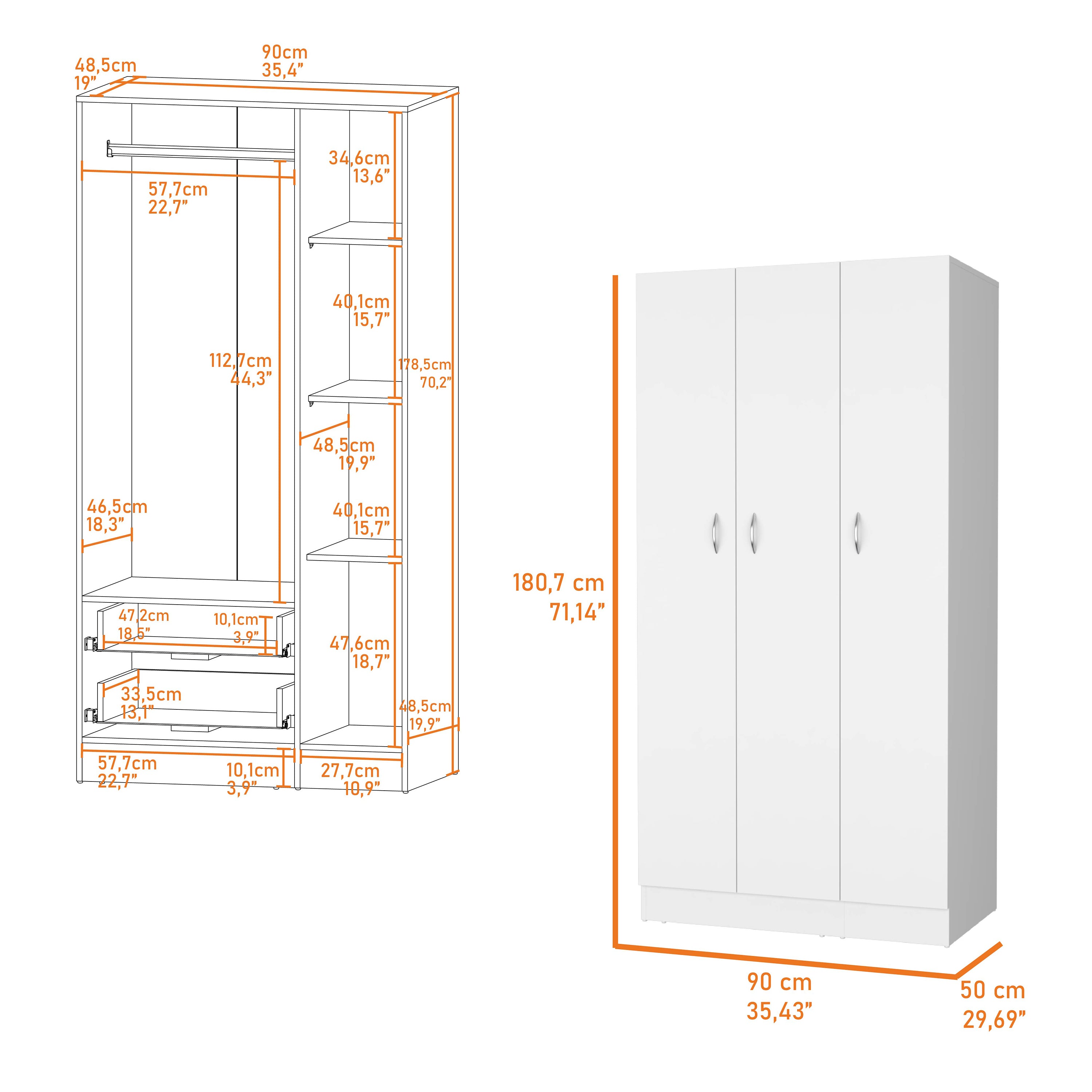 Augusta 3-Door Wardrobe with Hanging Rod White