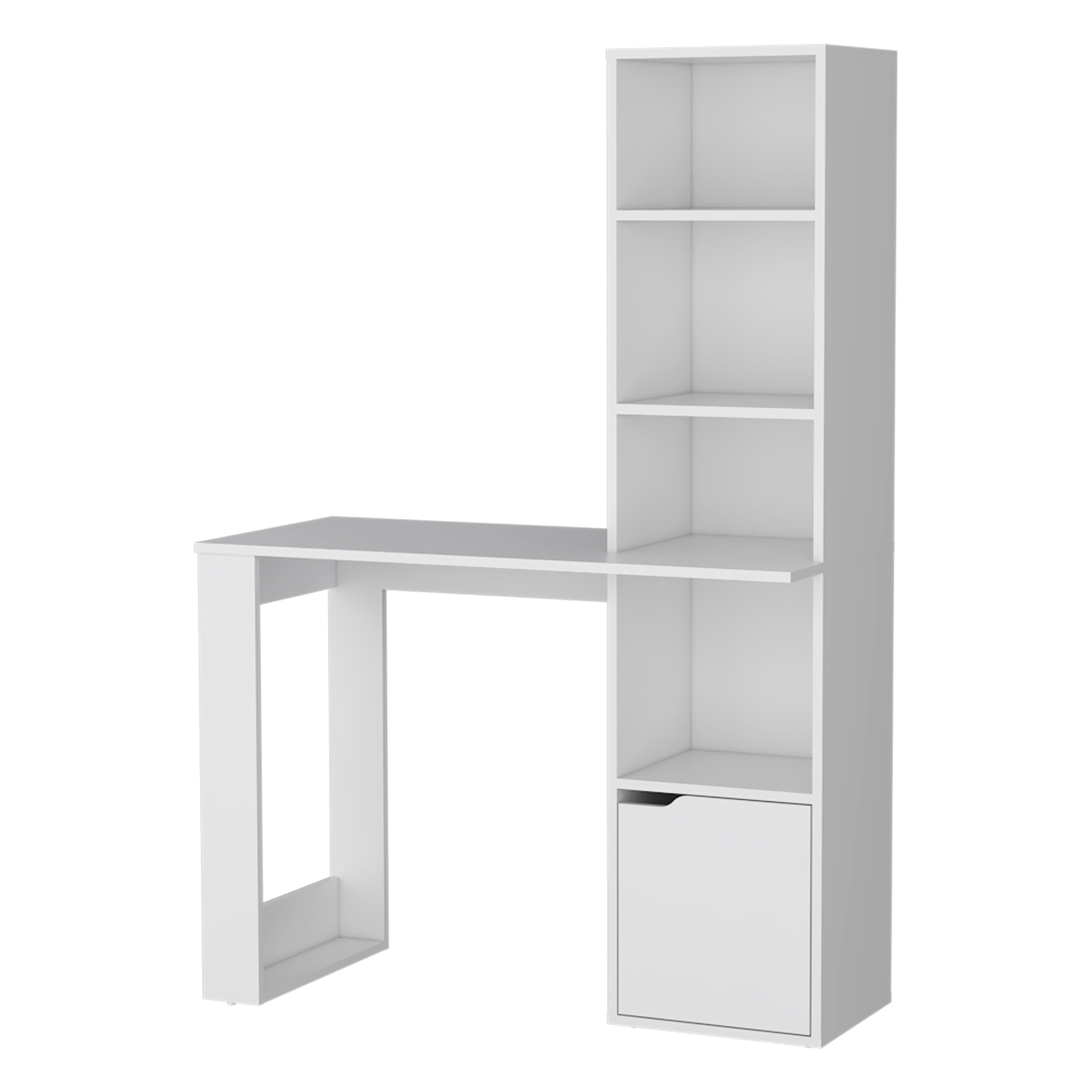 White Computer Desk with 4-Tier Bookcase and 1-Door Cabinet