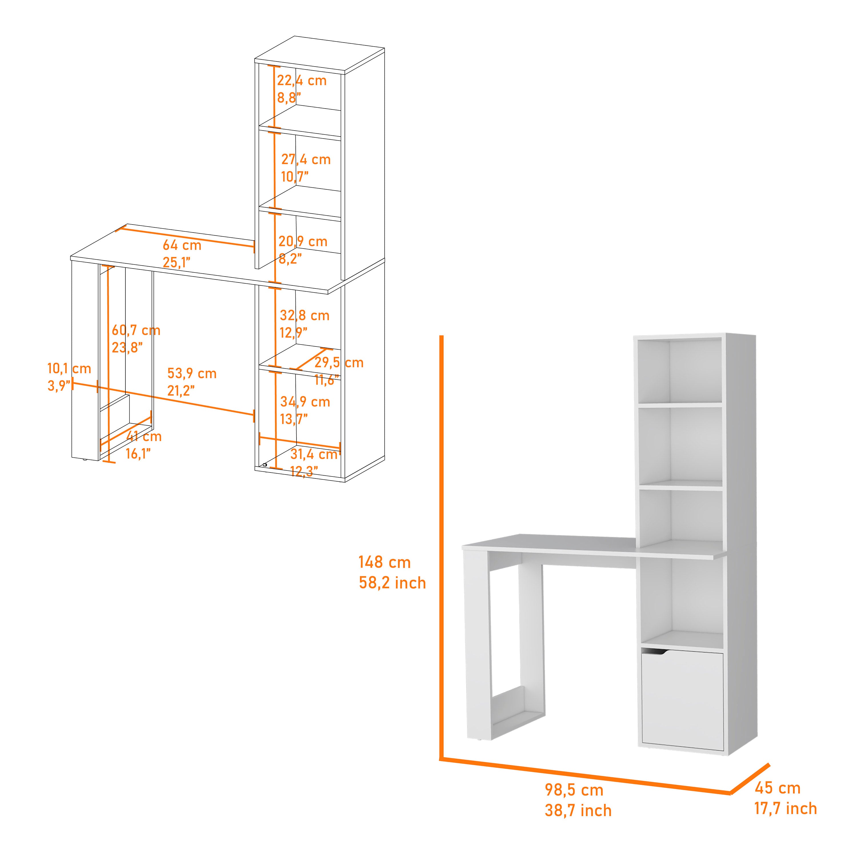 White Computer Desk with 4-Tier Bookcase and 1-Door Cabinet