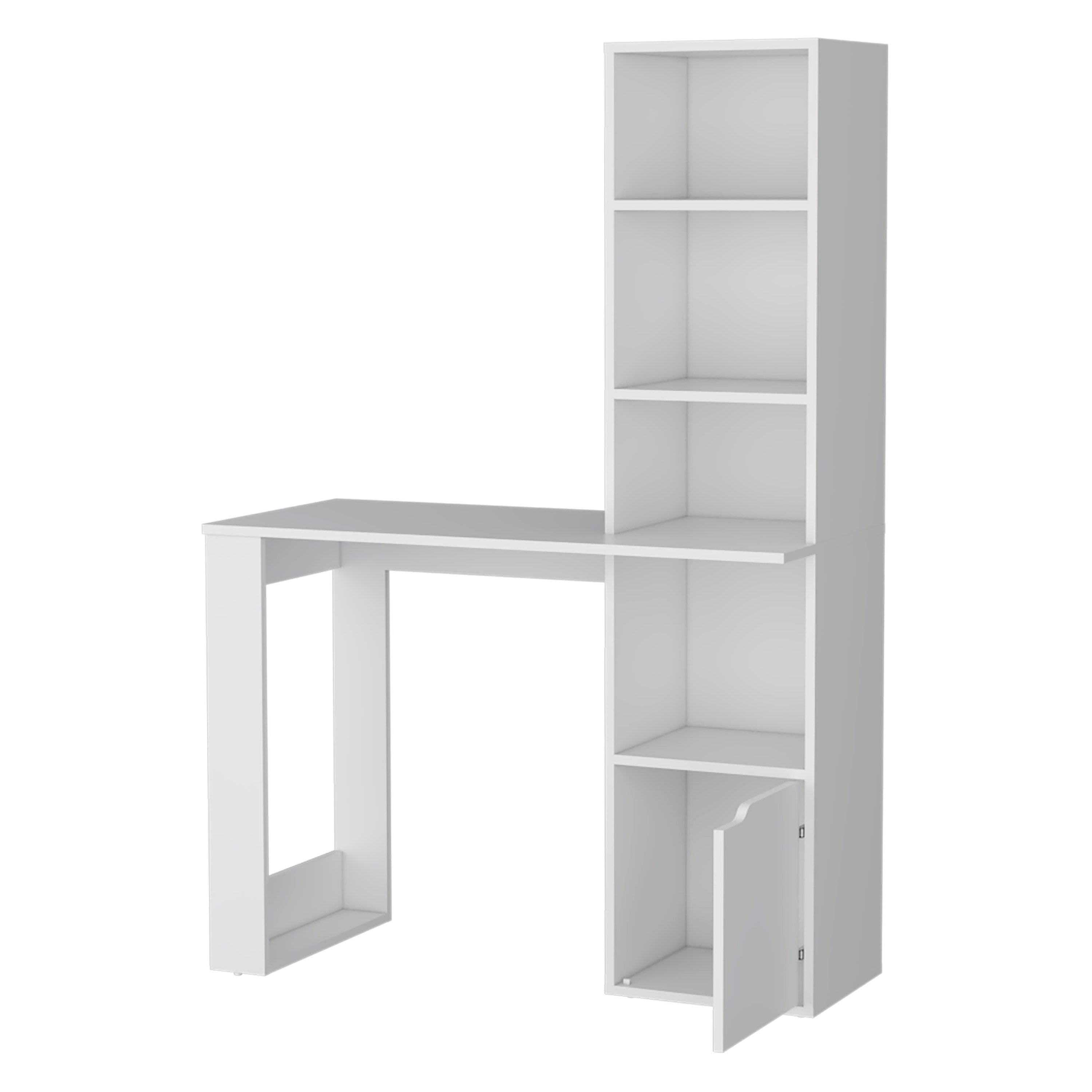 White Computer Desk with 4-Tier Bookcase and 1-Door Cabinet