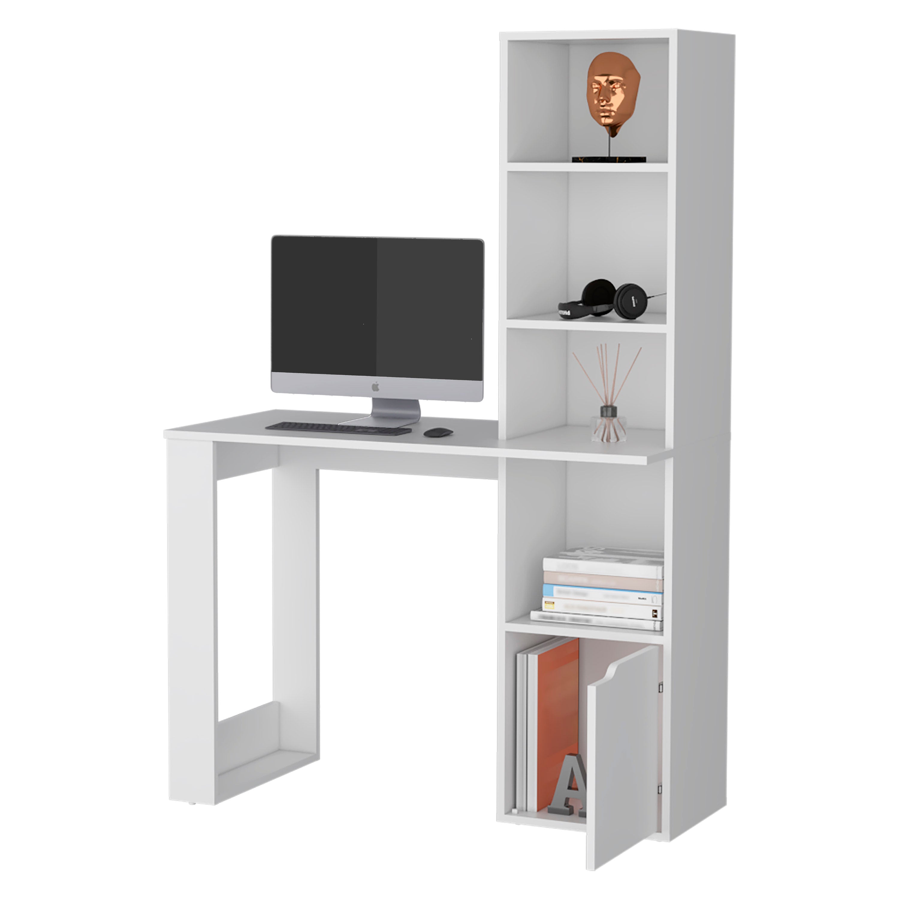 White Computer Desk with 4-Tier Bookcase and 1-Door Cabinet