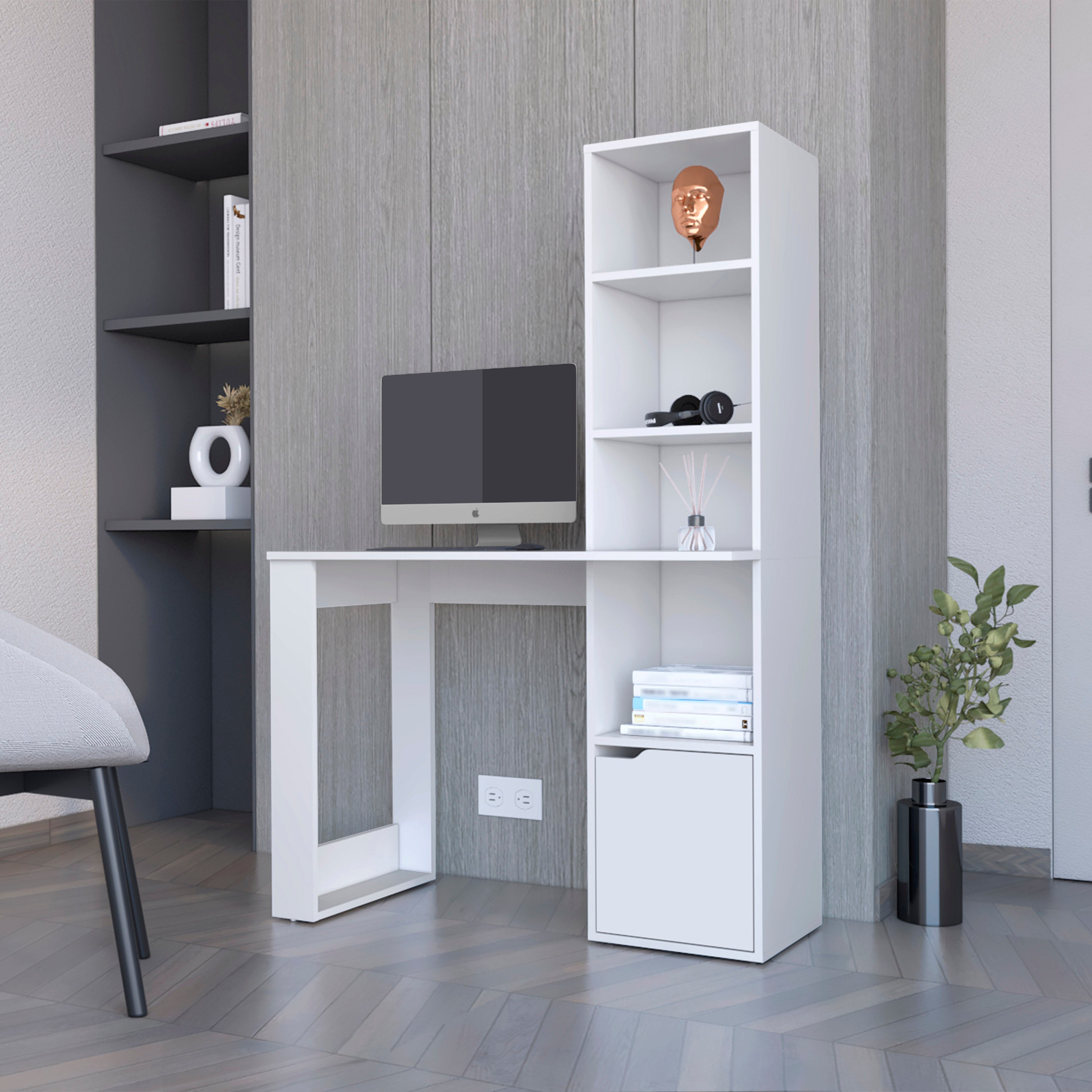 White Computer Desk with 4-Tier Bookcase and 1-Door Cabinet